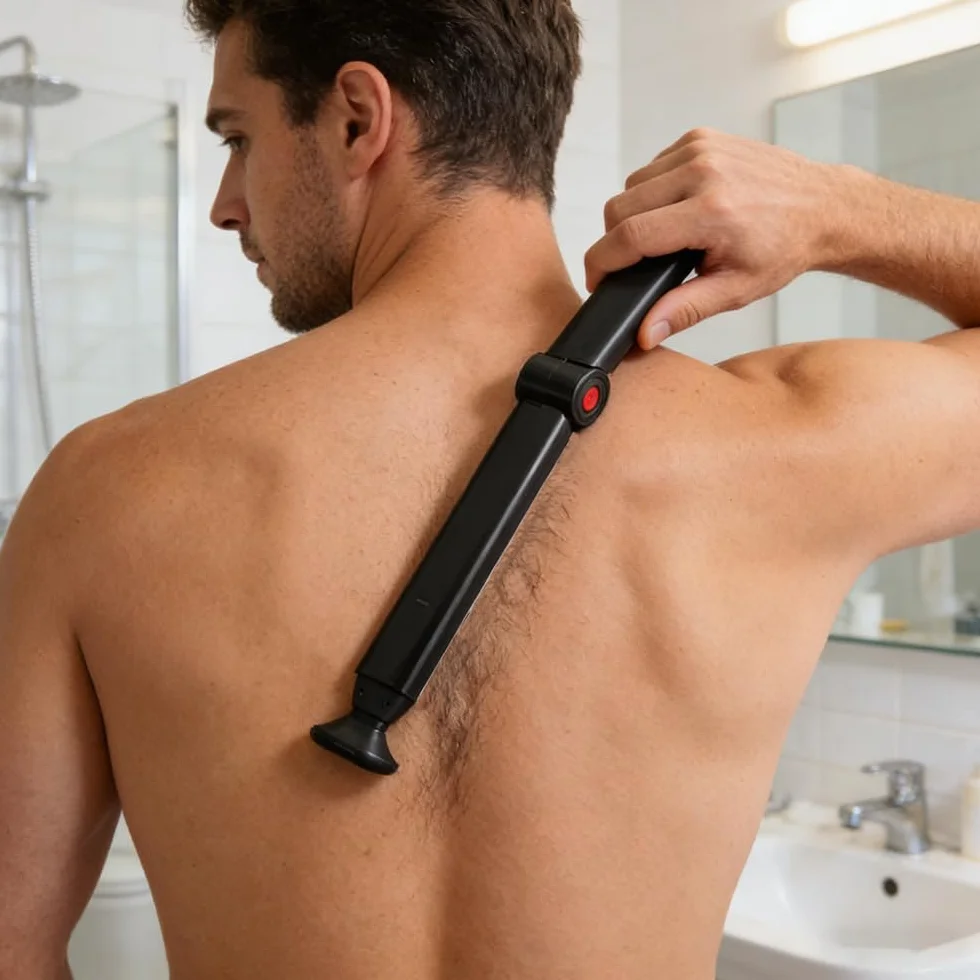 Rasoio Schiena Uomo Elettrico, Rasoio Corpo con 2 Testine Staccabile e Impugnatura Ergonomica, Pieghevole USB