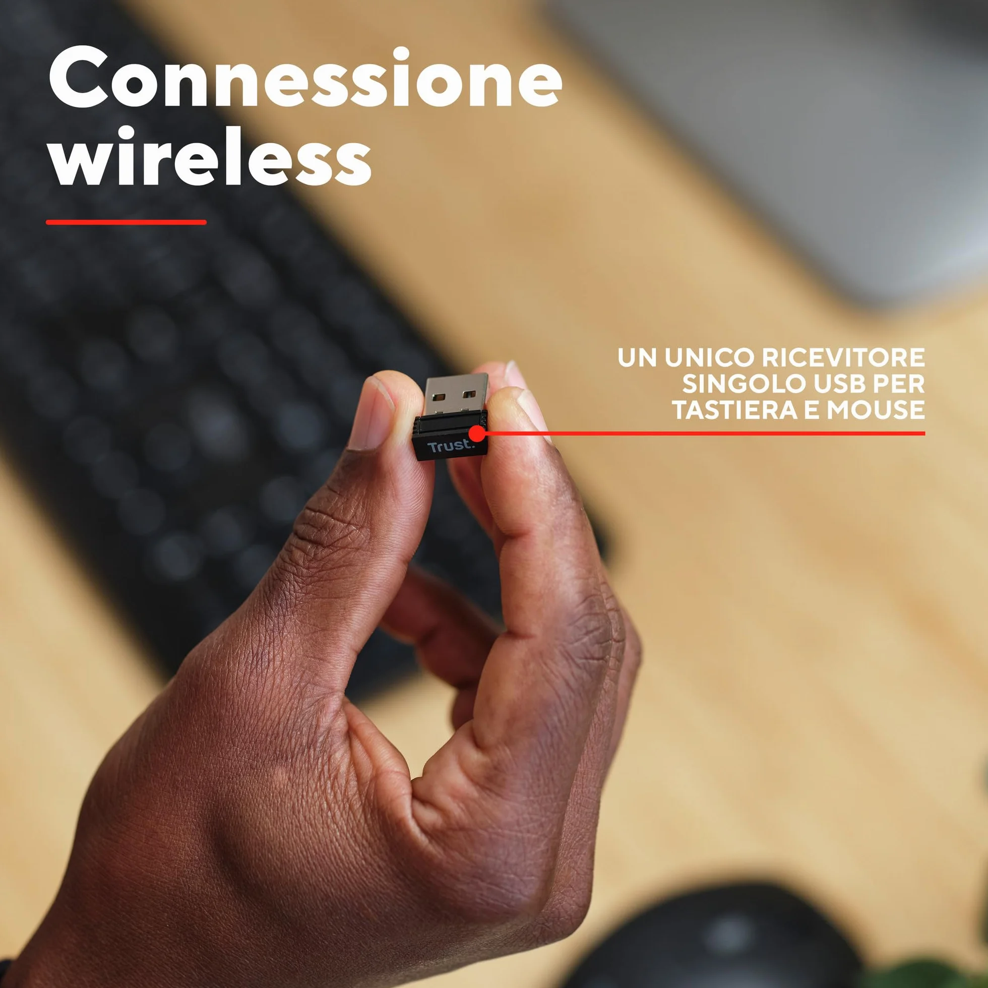 Trust Ymo II Set Tastiera e Mouse Wireless Silenziosi Italiano QWERTY, Tasti a Profilo Ribassato, Resistente agli Sversamenti, Unico Ricevitore USB, Nero