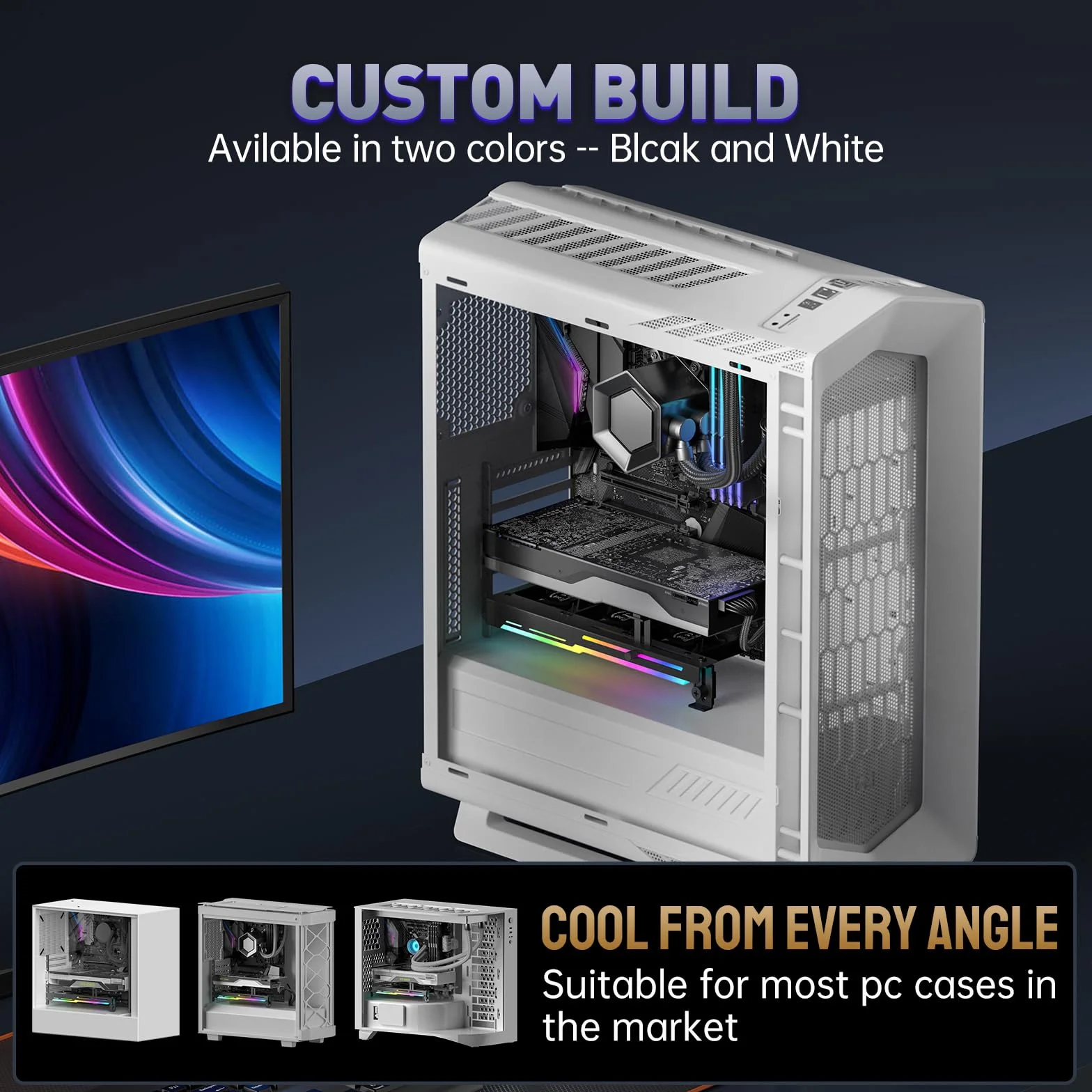 AsiaHorse Ventola per case PC PWM da 80 mm per scheda grafica per computer con supporto per scheda grafica, Ventola GPU ARGB 5V 3PIN con controllo Aura Sync della scheda madre fino a 3000 RPM, Nero