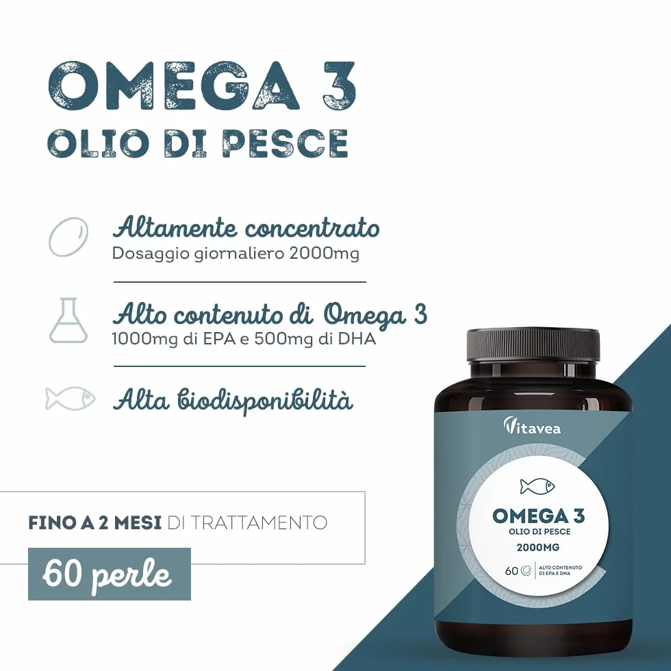 Omega 3 Olio di Pesce 2000 mg EPA 500 mg DHA Alto Dosaggio 60 Capsule Softgel Integratore Acidi Grassi Essenziali