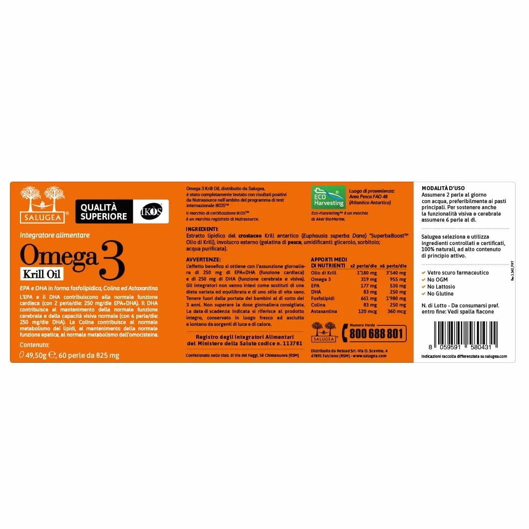 Salugea OMEGA 3 KRILL OIL IKOS 60 Perle Olio di Krill Antartico EPA DHA Astaxantina Colina