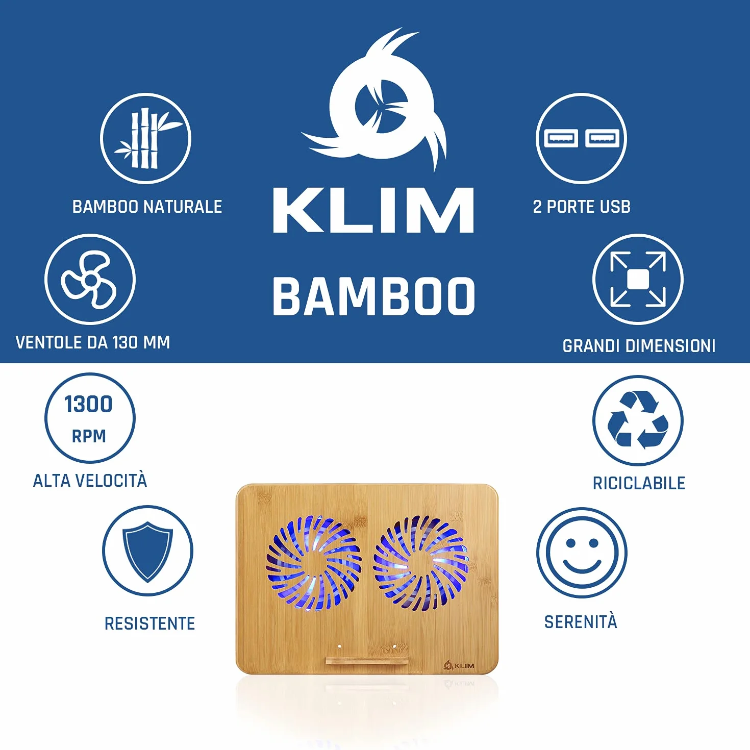 KLIM Base di raffreddamento per laptop in bambù ventole regolabili 10-15,6" porta USB