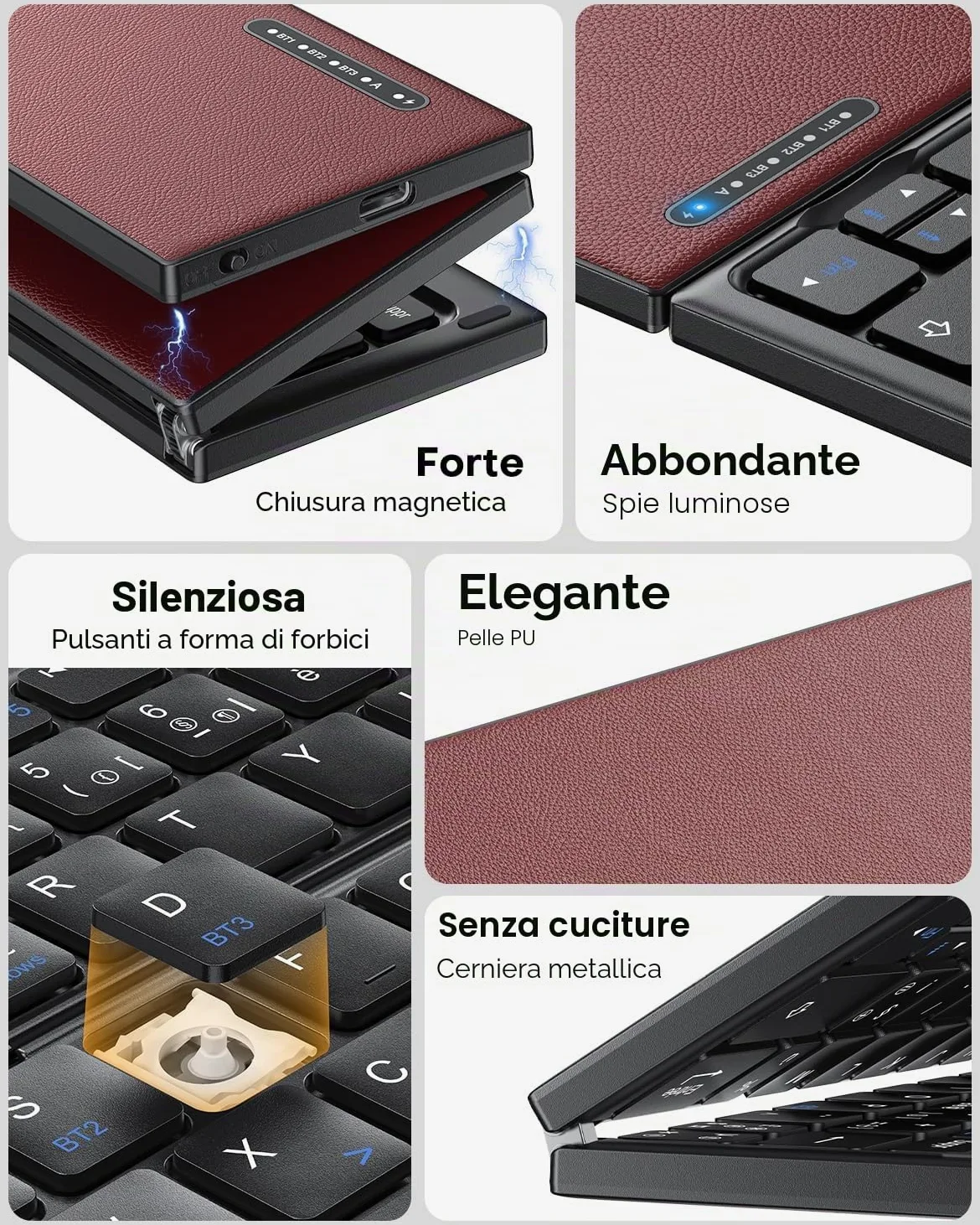 OMOTON Tastiera pieghevole AZERTY Bluetooth con touchpad, Bordeaux | Multidispositivo, portatile, mini tastiera senza fili silenziosa, compatibile con Android Windows iOS Telefono Tablet iPad