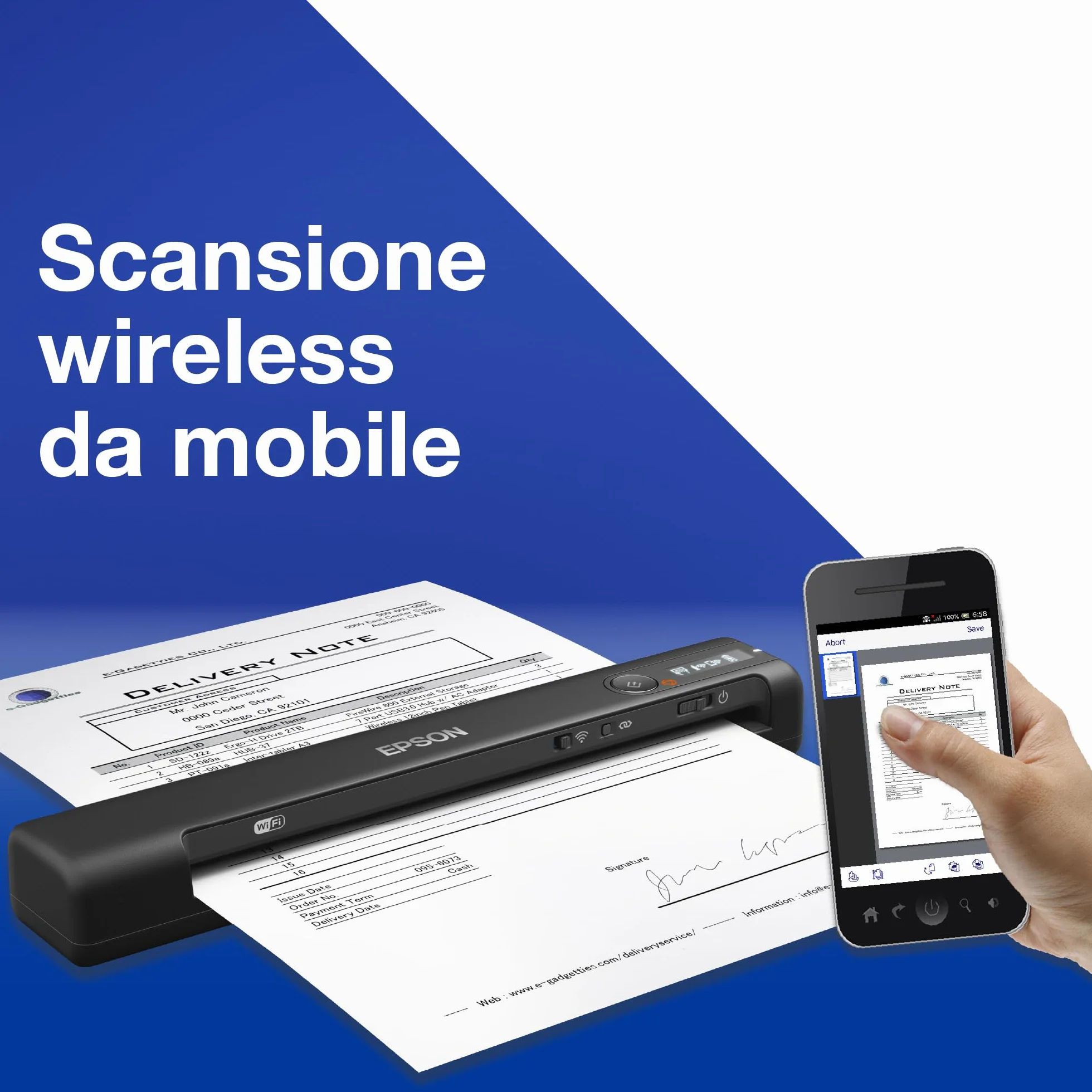 Epson WorkForce ES-60W Scanner Portatile Compatto, Wireless Wi-Fi Direct, 600dpi, Alimentazione Automatica, 8,5 ppm