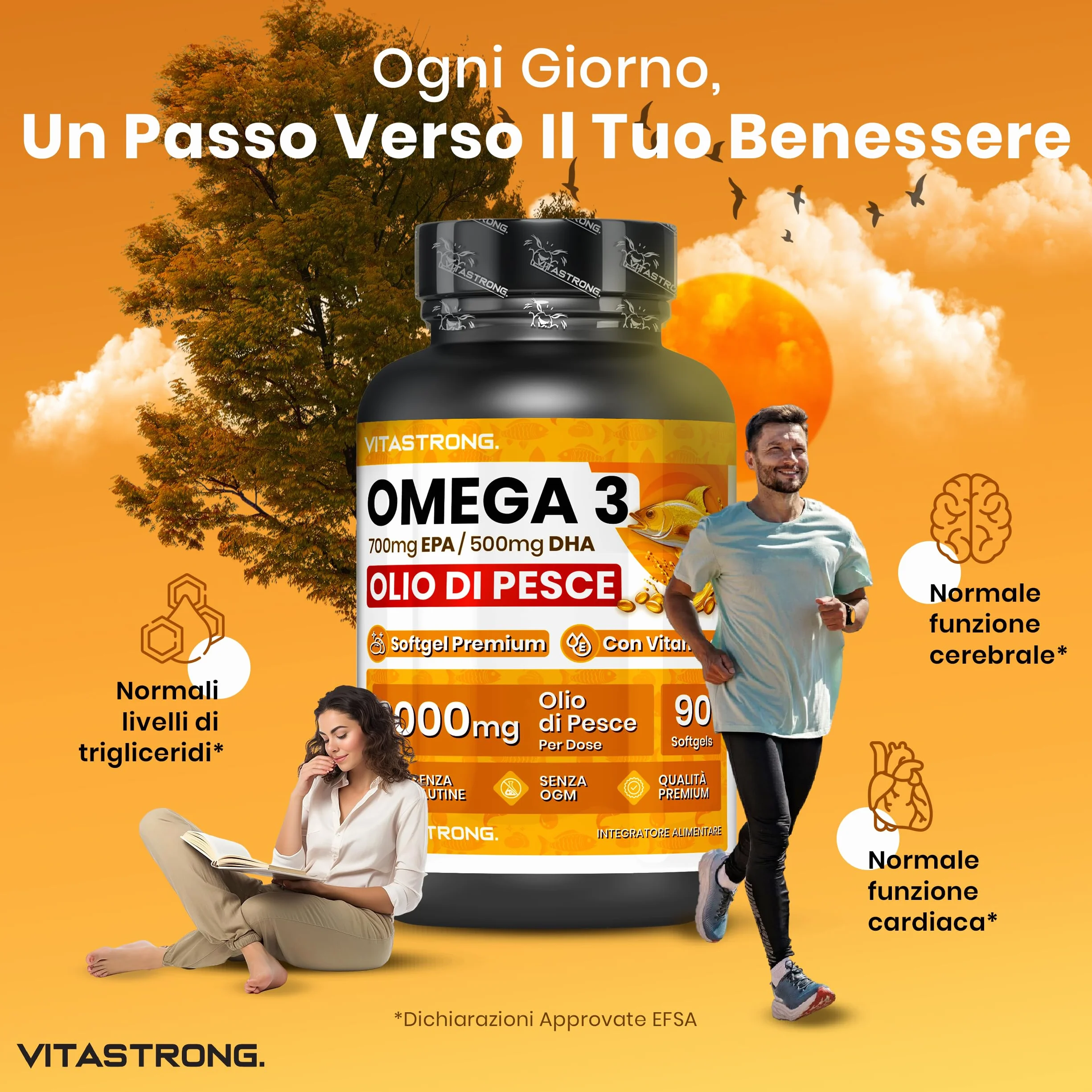 Omega 3 Olio di Pesce 2000mg EPA 500mg DHA Vitamina E Integratore Puro Cuore Vista Cervello