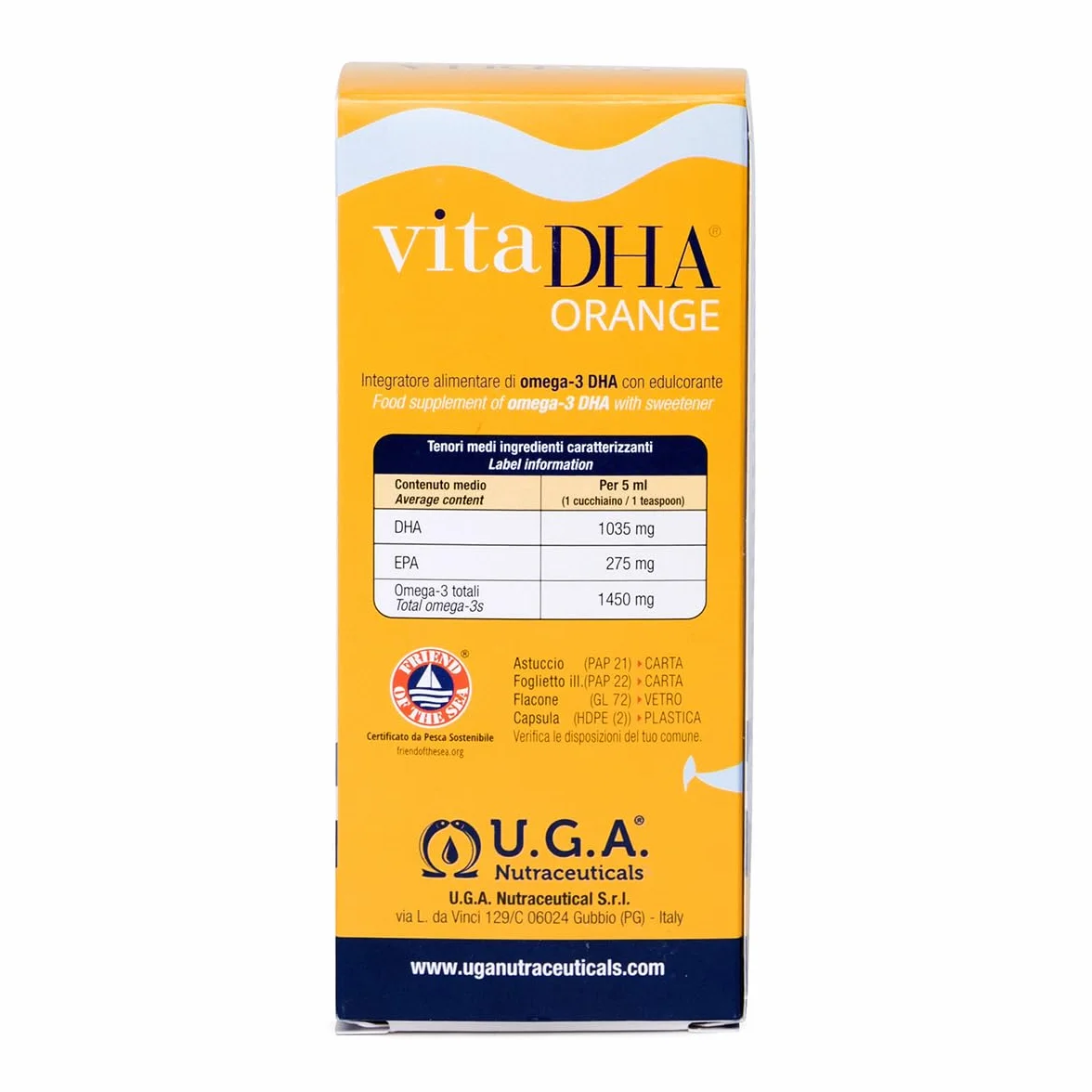 VitaDHA Orange Omega 3 IFOS 5 Stelle 150 ml 1035mg DHA 275mg EPA Omega3 Liquido Vitamina E Gusto Agrumi