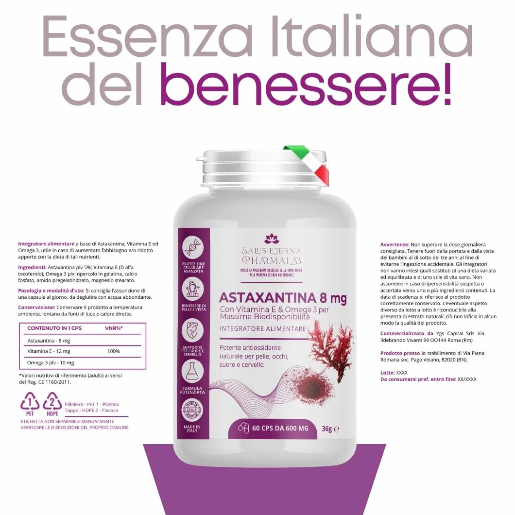 Salus Eterna Astaxantina 8mg 60 Capsule Integratore Antiossidante con Vitamina E e Omega 3