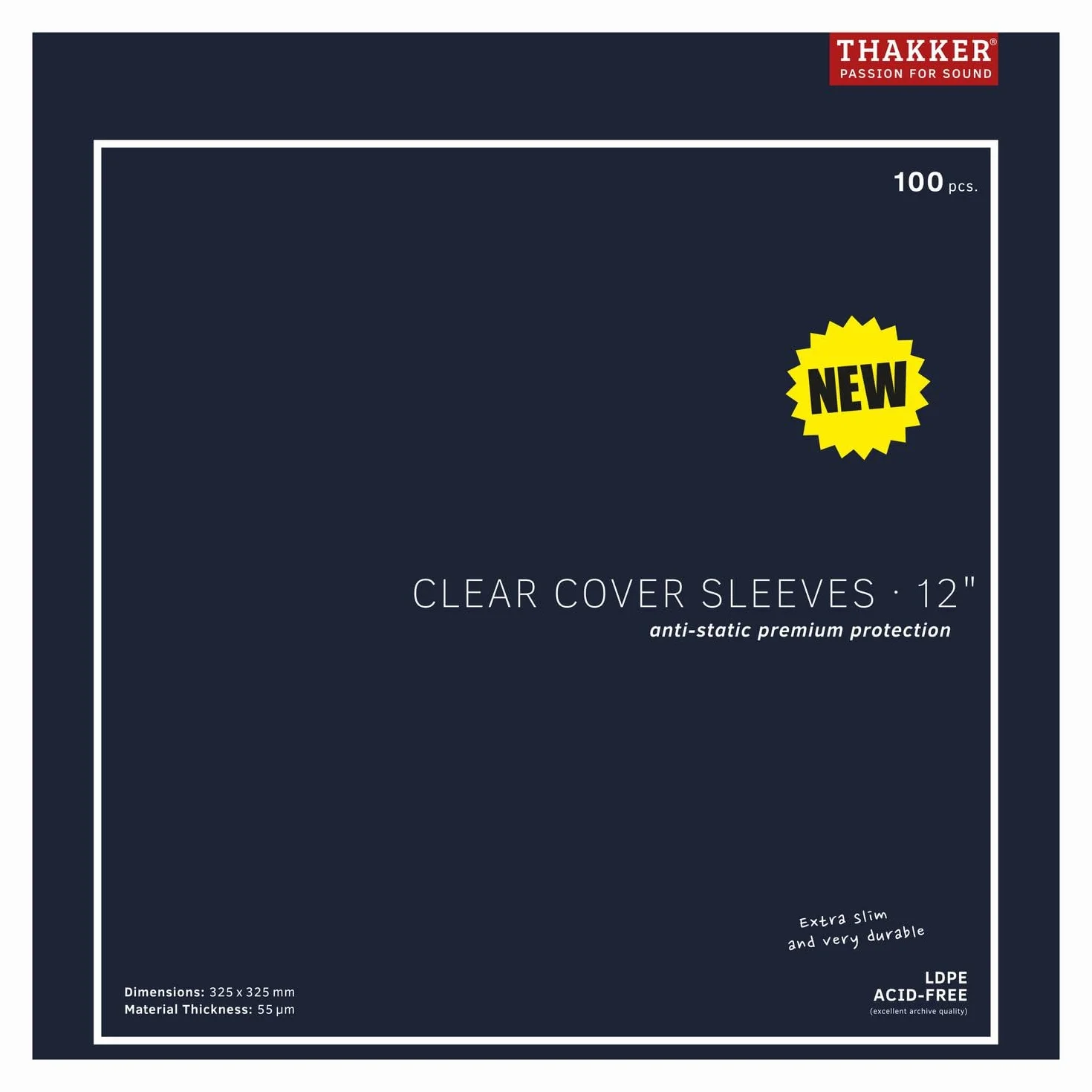 THAKKER Clear Cover Sleeves 12' - 100 Buste Esterne Trasparenti per Tutte Le copertine di Dischi da 12/LP e Maxi | Extra Sottili, robuste e antistatiche | Prive di acidi | 55µm HDPE | 325mm x 325mm