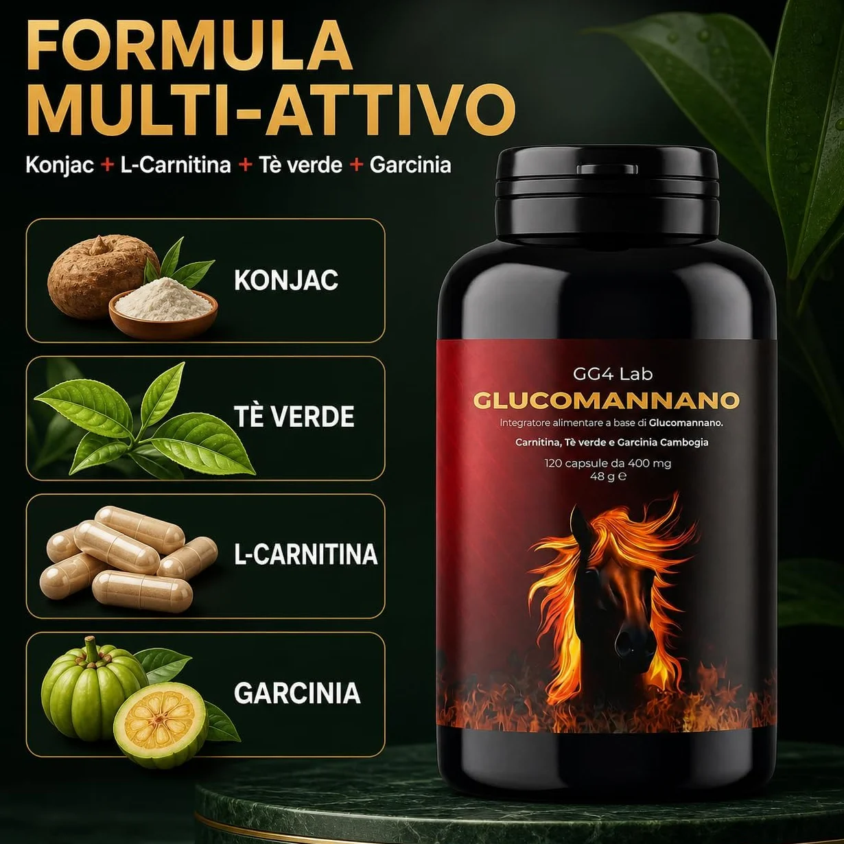 GG4Lab Glucomannano Konjac 1200mg 120 Capsule Fibra Saziante con L-Carnitina e Tè Verde Vegano Senza Glutine