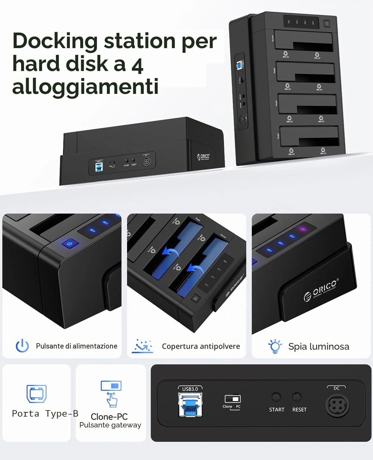 ORICO 4-bay USB 3.0 HDD Docking Station 2.5 3.5 Pollici Clone Funzione 12V6.5A