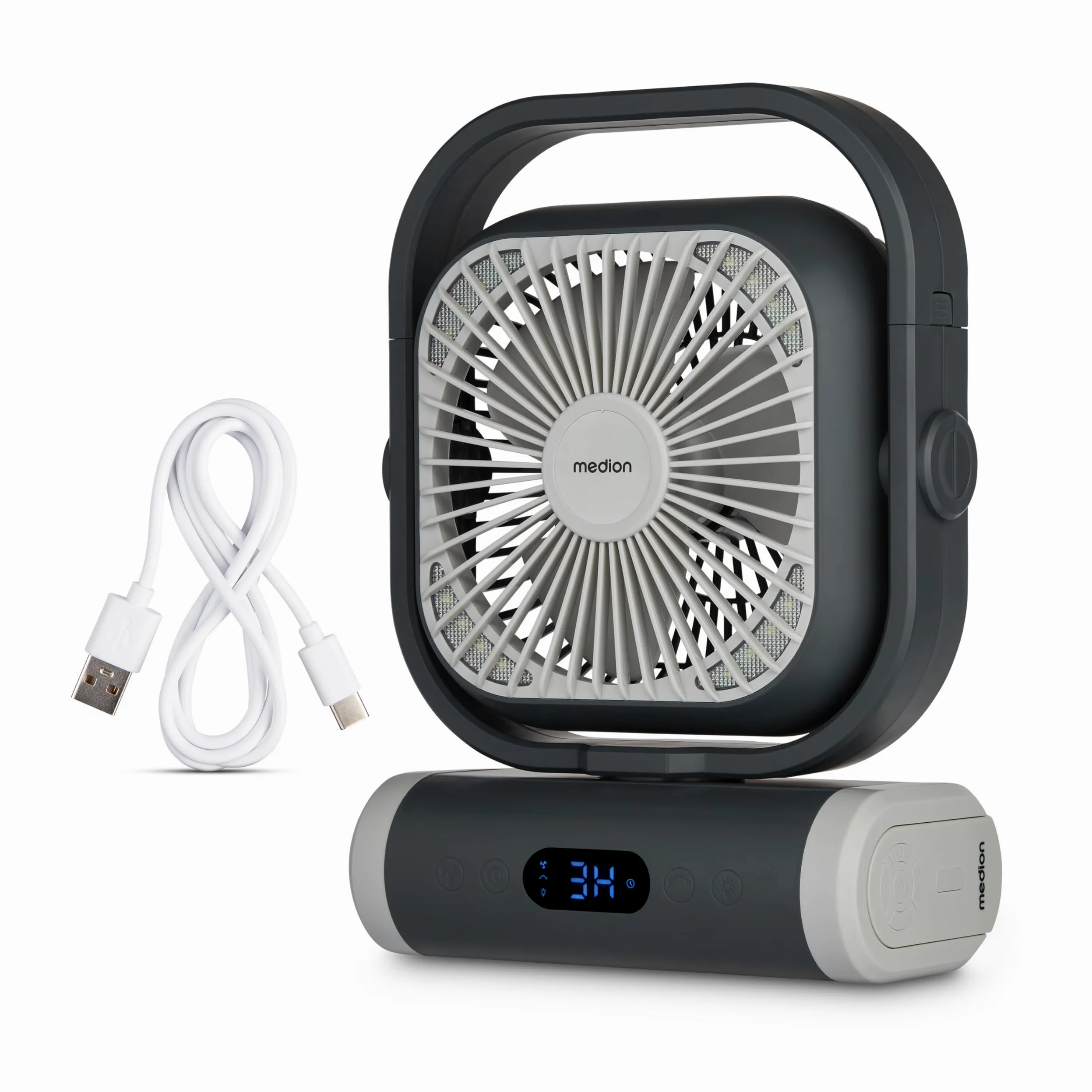 MEDION Ventilatore E10 TF (batteria, mini ventilatore USB portatile con luce, telecomando, 5 velocità, oscillazione, gancio per appendere, funzione powerbank, ideale per ufficio campeggio tenda)