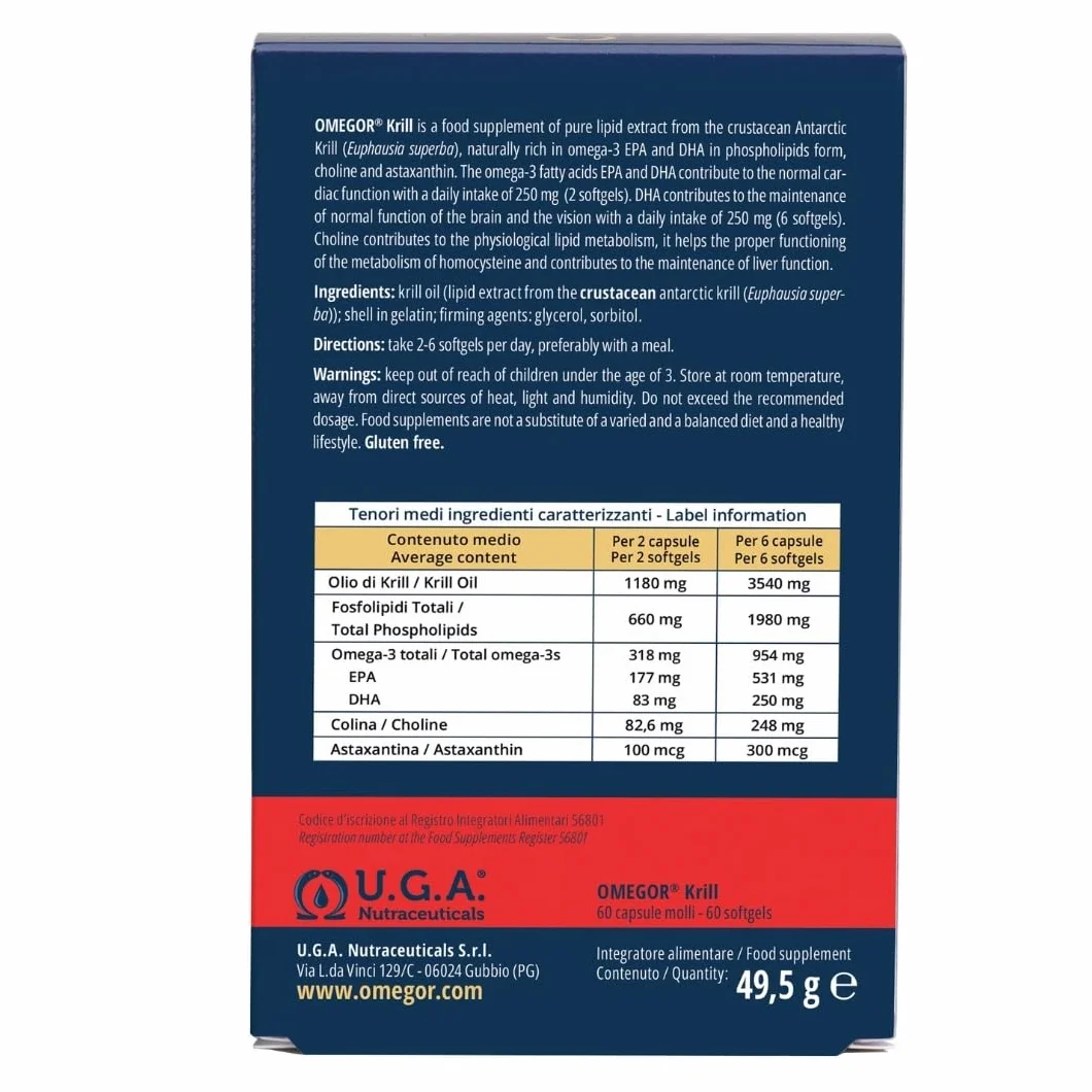 OMEGOR® Puro Olio di Krill Antartico 660mg Fosfolipidi 82.6mg Colina 100mcg Astaxantina 250mg EPA DHA 60 Perle