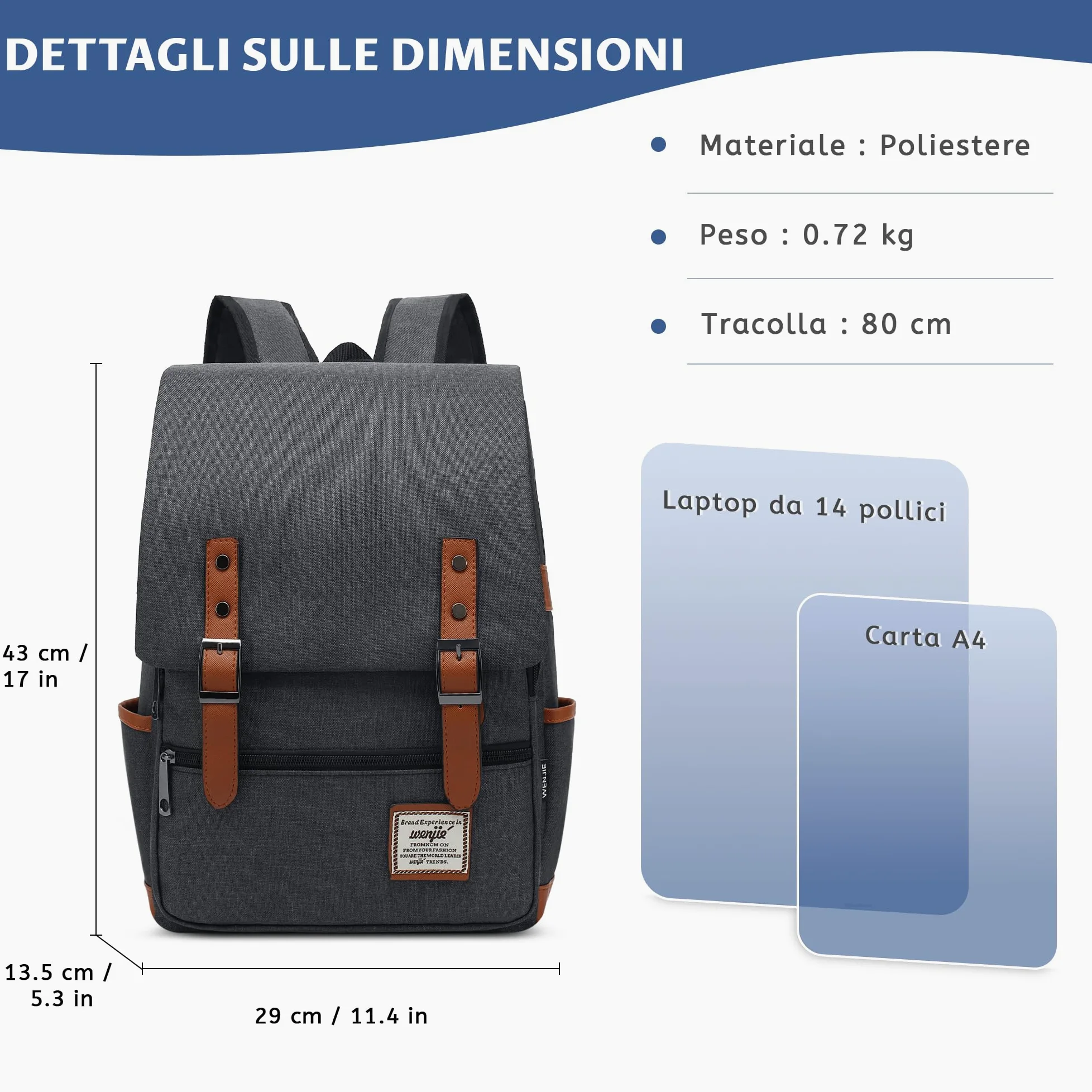 VARLIVOO Casuale Uomo Zaino Donna Zainetto 14" Laptop Borse Lavoro Viaggio Scuola Università Campeggio Antifurto Zaino Impermeabile Polyester Grigio Scuro