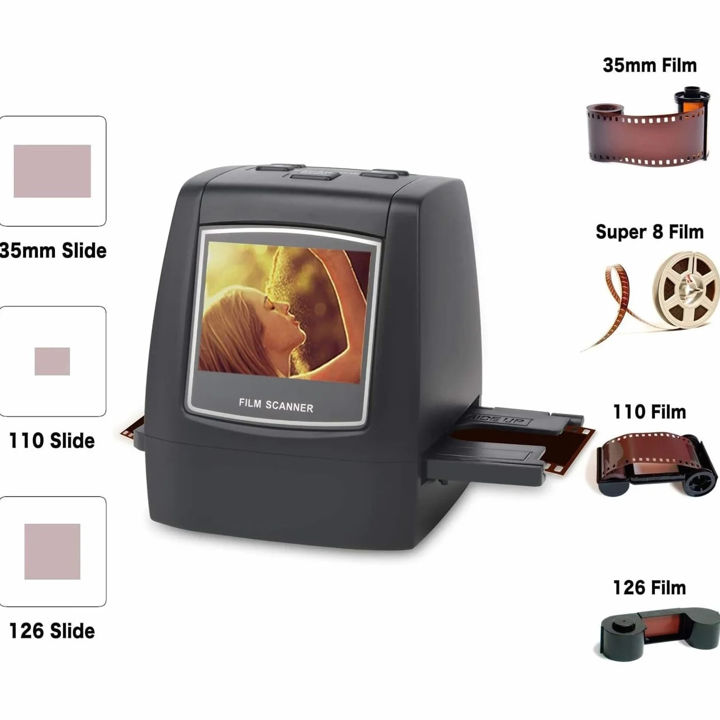 Mini Scanner per Pellicole e Diapositive - Converte Negativi da 35 mm, 126, 110, Super 8 e 8 mm in Immagini JPEG, Nero