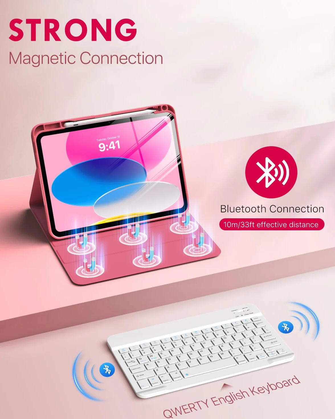 MoKo Custodia con Tastiera per iPad (A16) 11a Generazione 11 pollici 2025, iPad 10a Generazione 10,9 pollici con Supporto per Matita, Tastiera Bluetooth Staccabile Multi-Angolo, Rosa