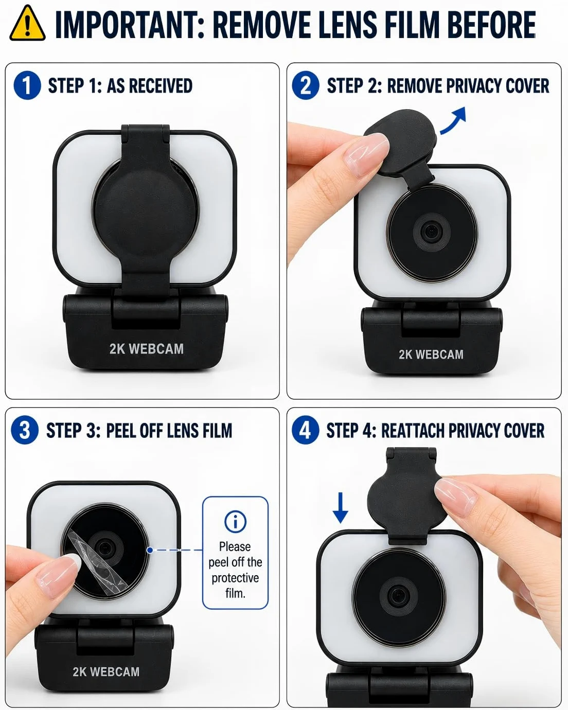 Atatat Webcam 2K per PC con luce, microfono, copertura privacy | Telecamera Web autofocus per desktop/laptop/monitor/Mac, fotocamera per Zoom/Skype/team/videochiamate/riunioni