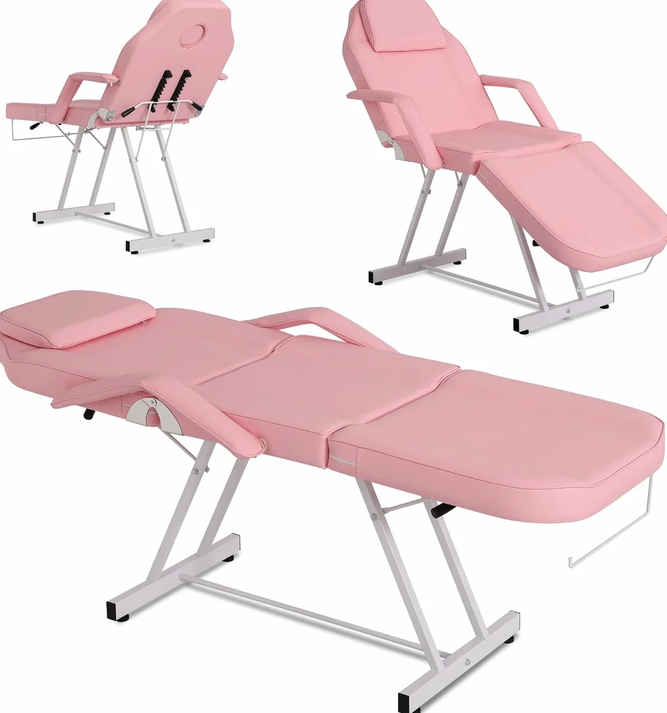 Lettino da Massaggio Pieghevole 3 Zone con Sgabello Portatile in Pelle PU Rosa per Fisioterapia Estetista Tattoo
