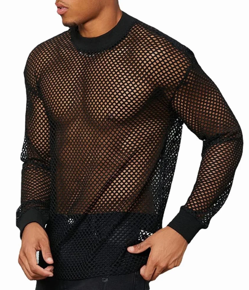 ORANDESIGNE Camicia da Uomo in Rete Trasparente Sexy Slim Fit Canottiera Clubwear Streetwear Top