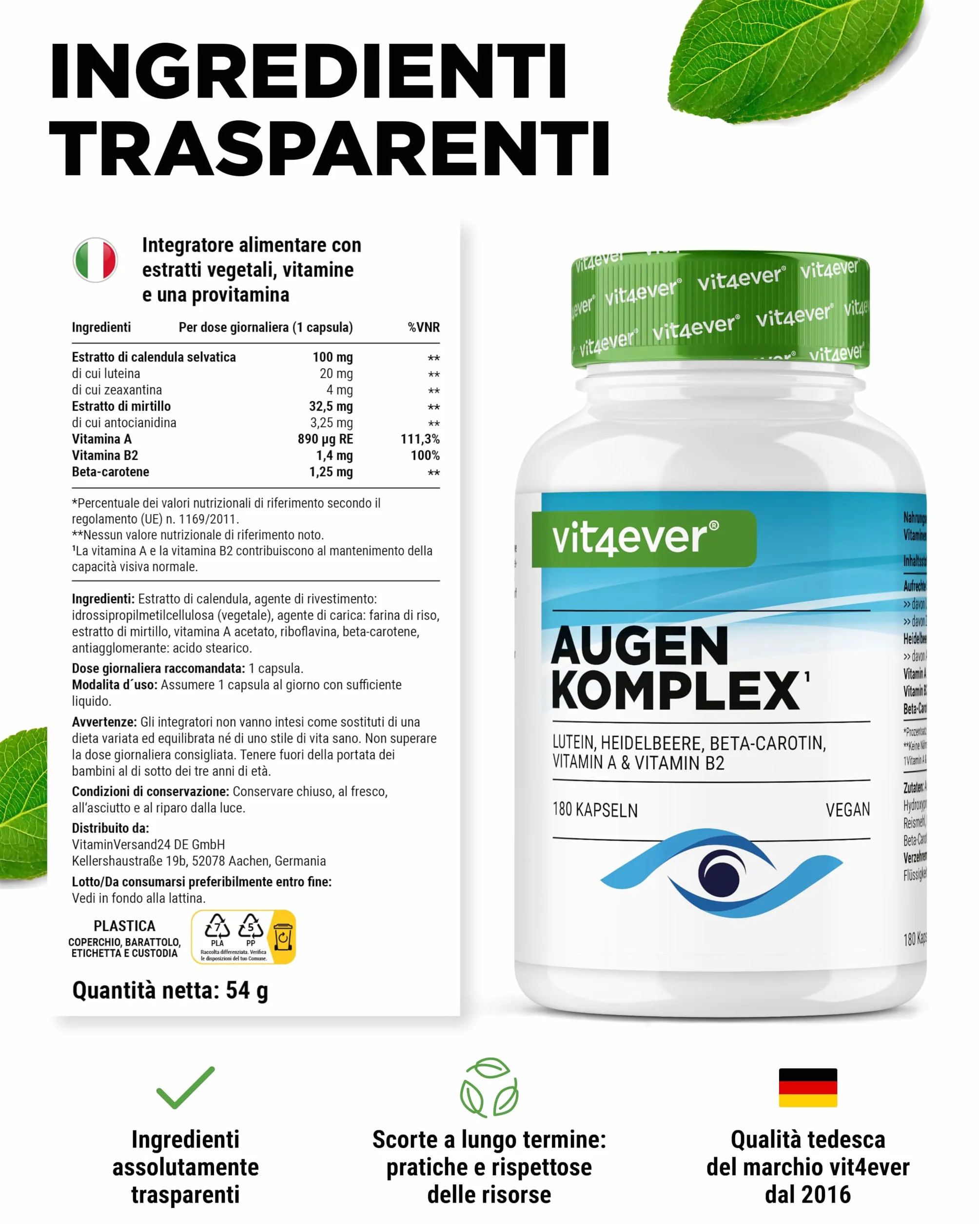 Complesso Vitaminico per gli Occhi 180 capsule con Luteina, Zeaxantina, Estratto di Mirtillo, Beta-Carotene, Vitamina A e B2 - Vegano, alto dosaggio