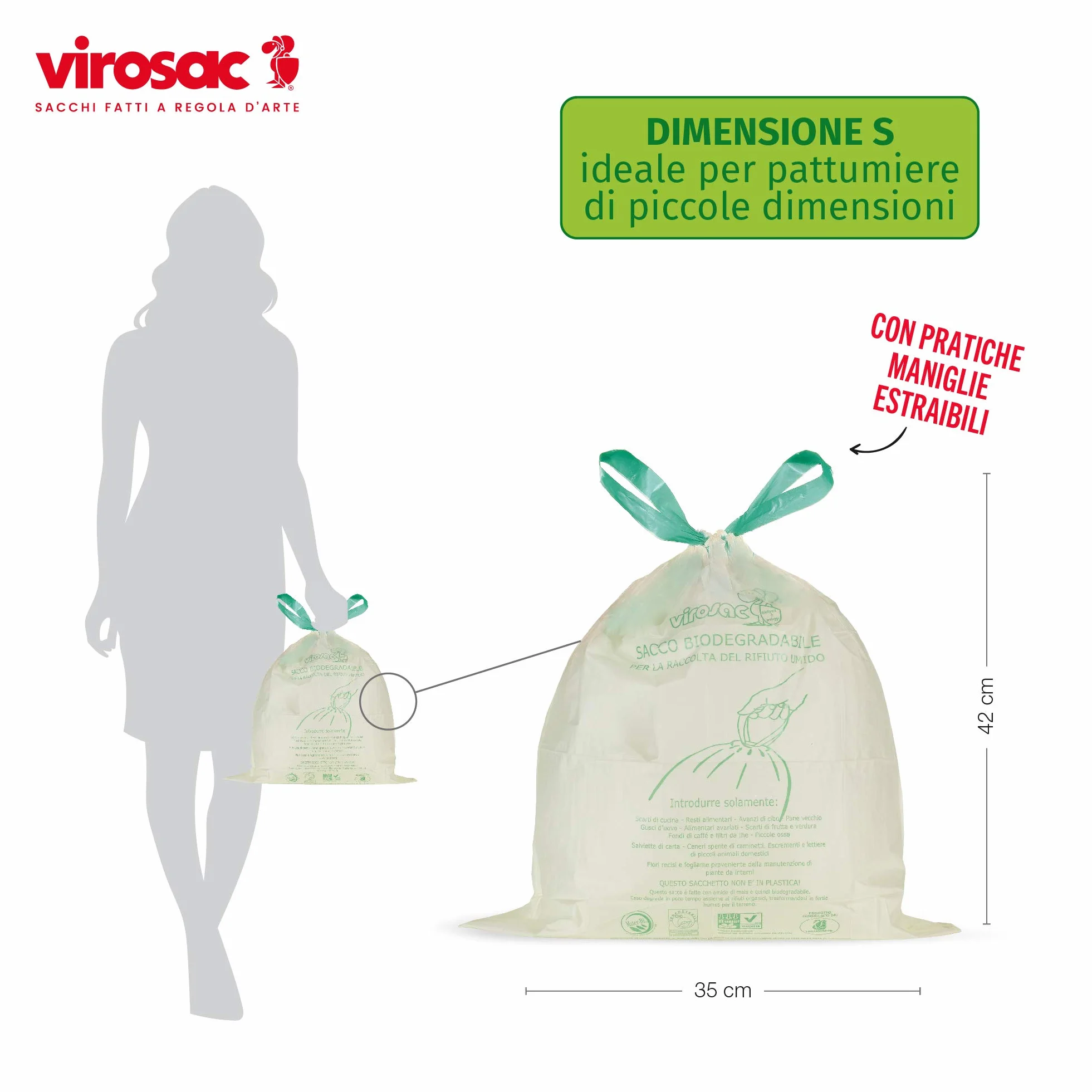 VIROSAC Biopratico Sacchetti Rifiuti Biodegradabili 35x42 con Maniglie 30 Pezzi