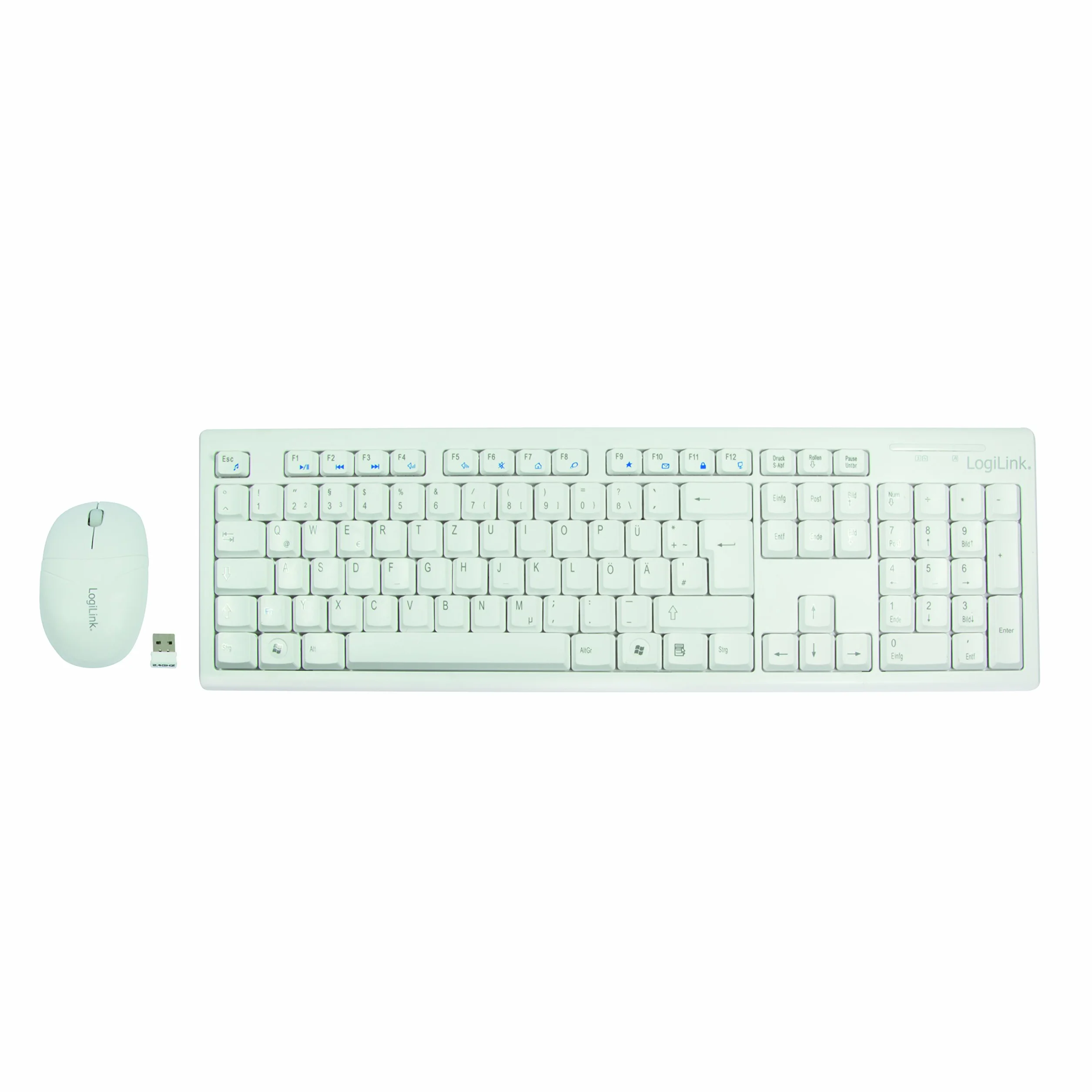 LogiLink ID0104W - Set tastiera/mouse wireless, 2,4 GHz, tastiera 103 tasti (+13 tasti di scelta rapida) - mouse (sensore ottico) con 3 pulsanti, connessione auto, bianco