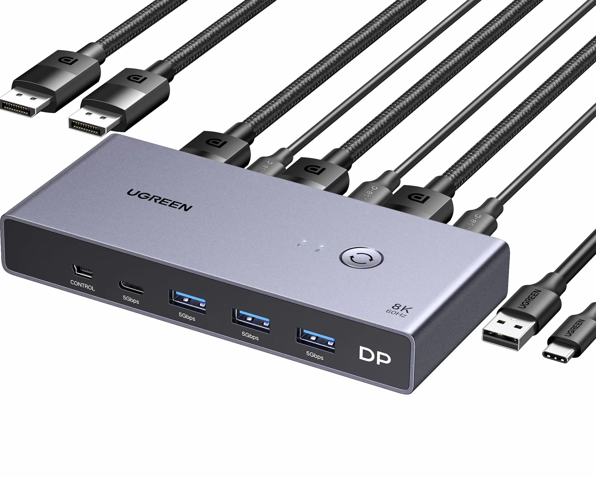 UGREEN Switch KVM Displayport 8K 60Hz 2 Ingressi 1 Uscita Switcher DP 1.4 4K 240Hz 1 Porta Tipo C 3 Porte USB A per Tastiera Mouse Disco Rigido Stampante Monitor con Controller e 2 Cavi 1M
