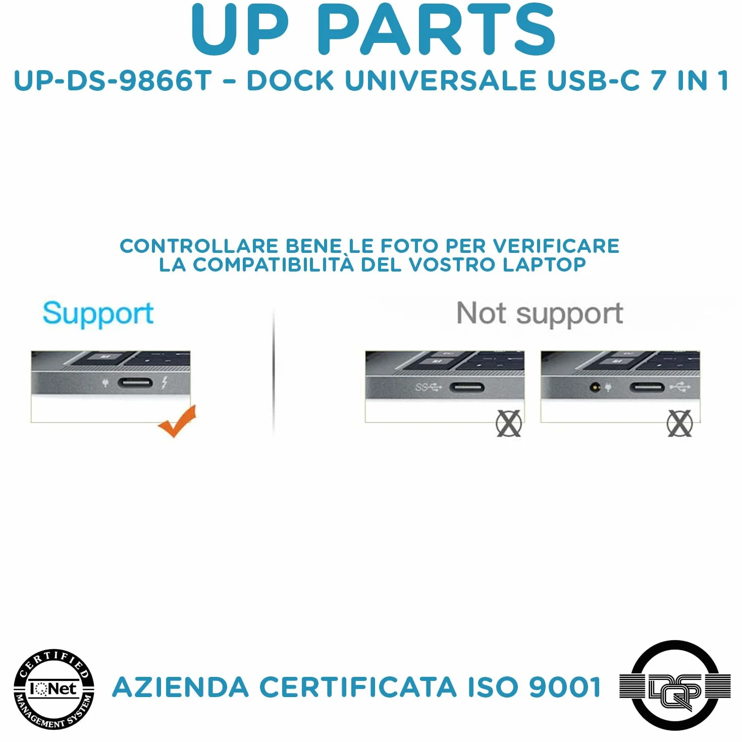Hub USBC, Docking Station,UP-DS-9866T, 9 in 1,Porta Alimentazione USB C 100W, HDMI 4K, VGA, 1 porta USB3, 2 Porte USB2, Card Reader, Audio 3.5mm, Azienda Italiana