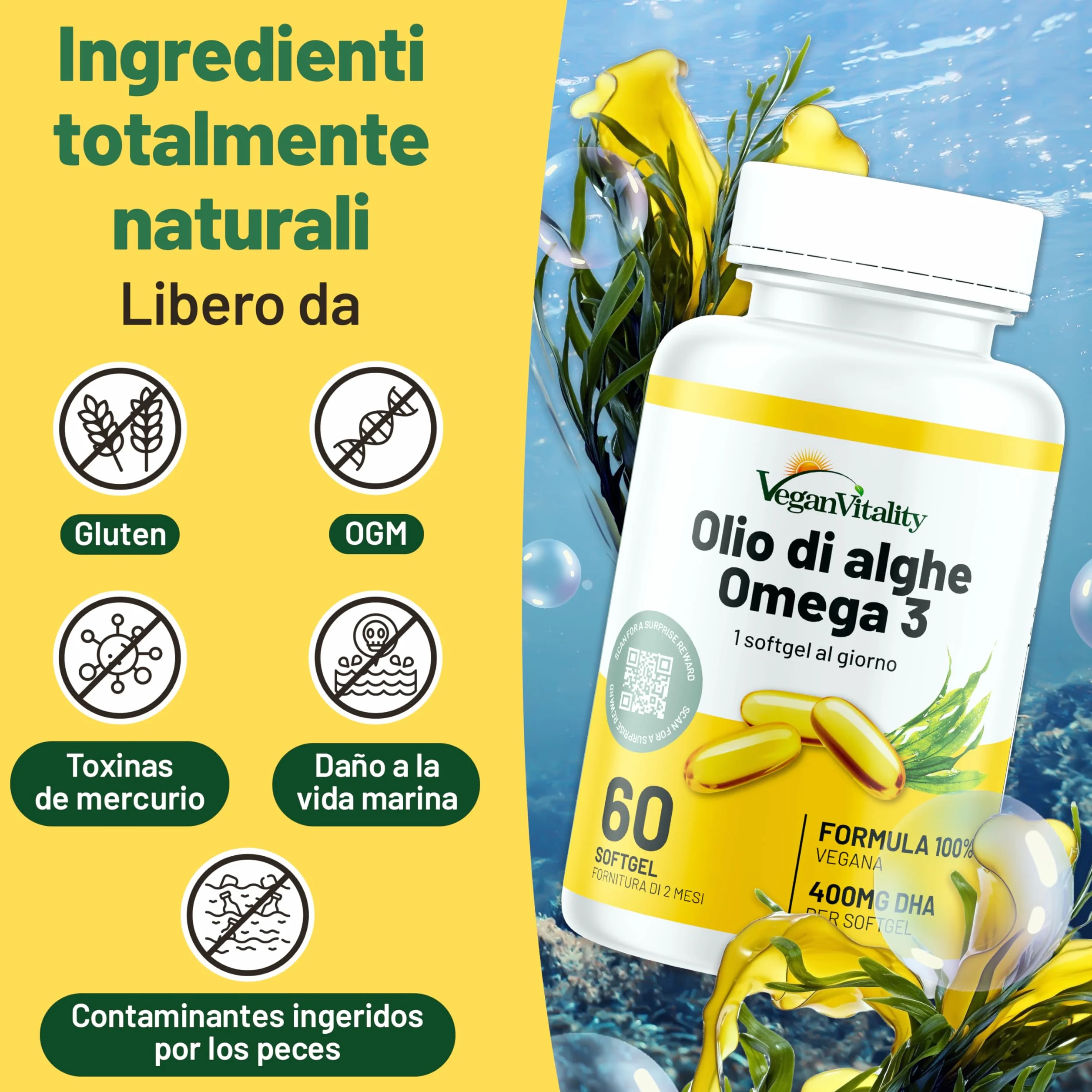 Omega 3 Vegan Olio di Alghe 400mg DHA 60 Capsule Integratore