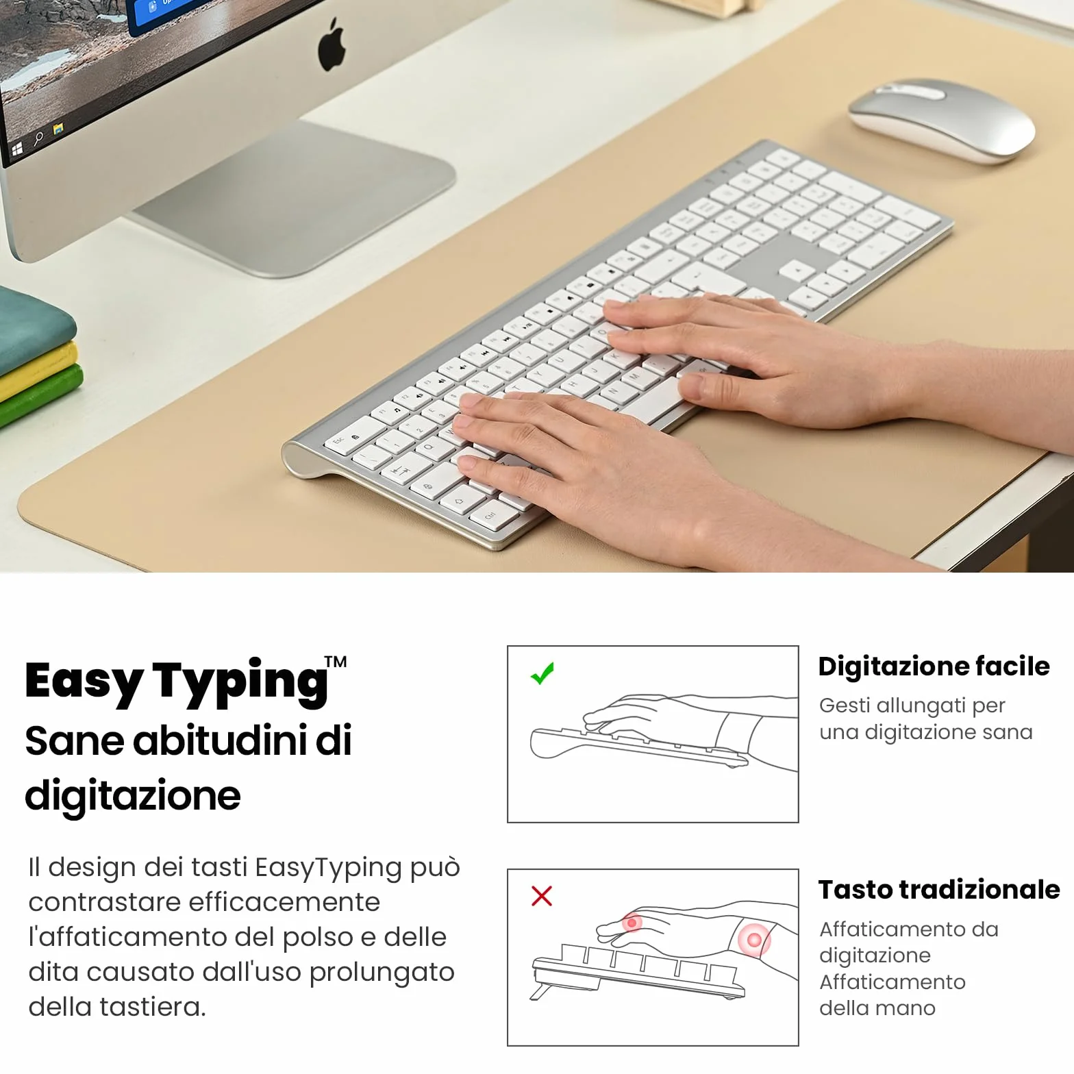 Tastiera e Mouse Wireless - cimetech Tastiera Wireless Ricaricabile 2.4G, Layout Italiano QWERTY, Tastiera Design Ergonomico, Ultra Sottile per Computer/Desktop/PC/Laptop/Windows 10/8/7 (argenteo）