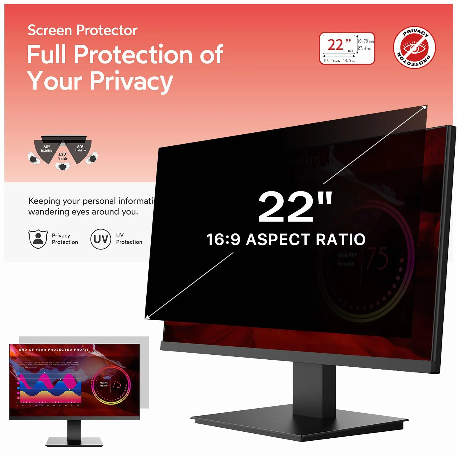 BERSEM Schermo Privacy per Computer da 22 Pollici Rimovibile Filtro Schermo Anti Luce Blu Antiriflesso per Laptop Widescreen 16:9 (22 pollici), Anti-Spia, Antigraffio, Anti-UV