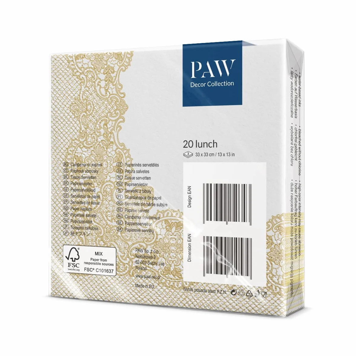 Tovaglioli di Carta Colorati Royal Lace 33x33 cm 20 Pezzi 3 Veli Oro