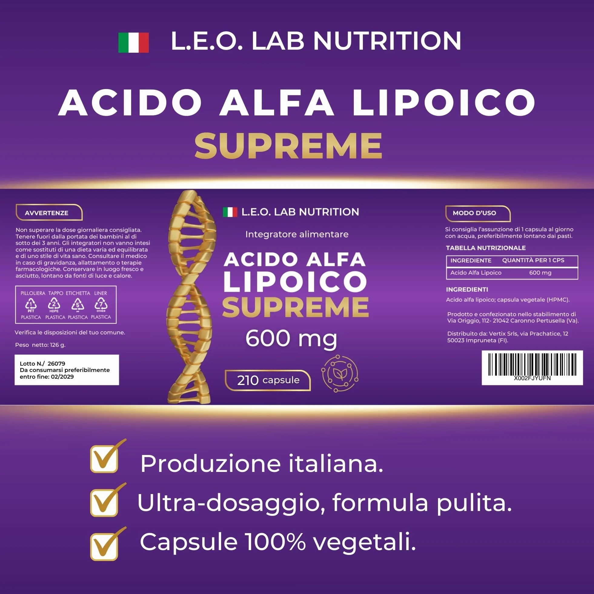 Acido Alfa Lipoico 600mg 210 Capsule Alto Dosaggio 7 Mesi Scorta
