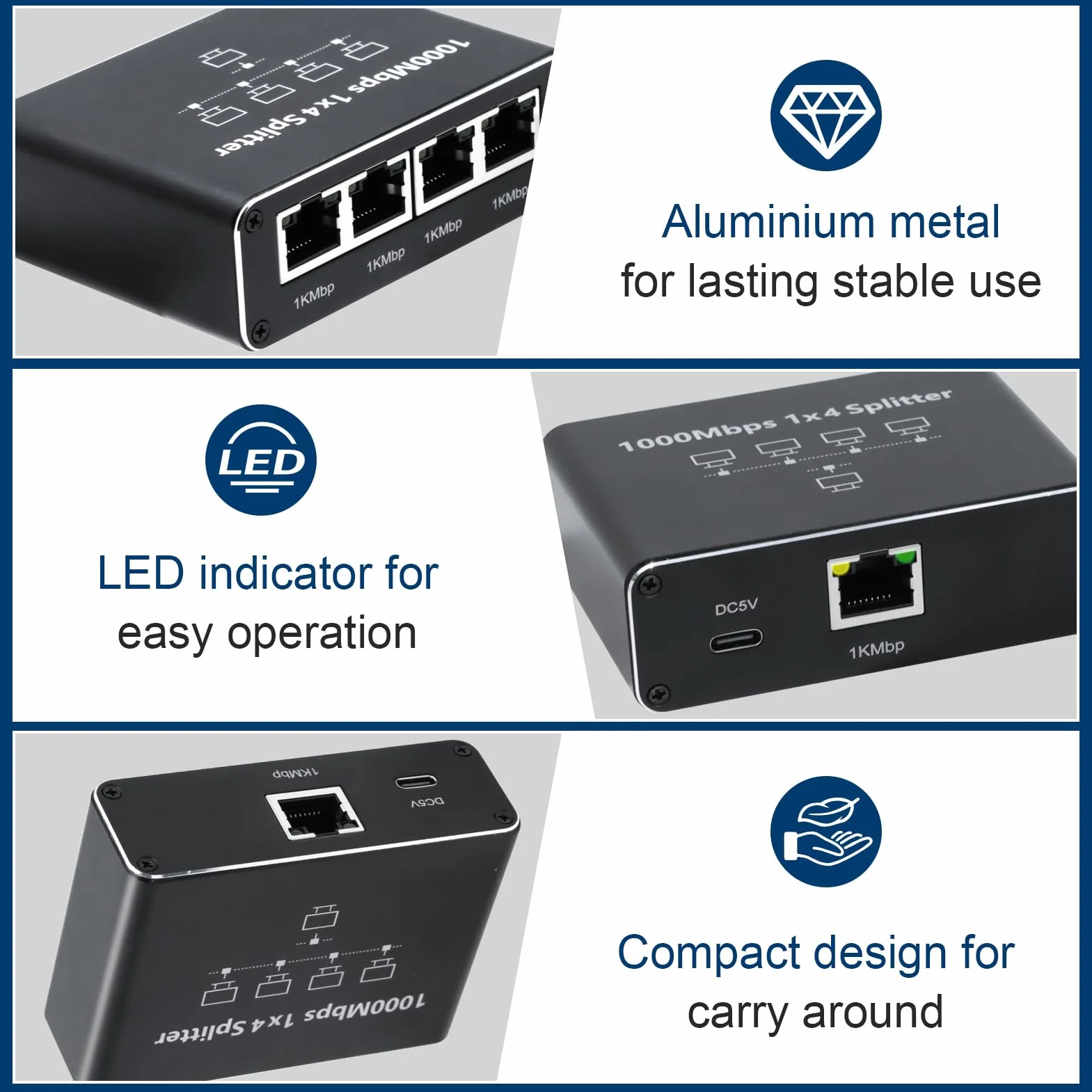 Switch Ethernet 4 Porte 1000Mbps, Sdoppiatore Ethernet RJ45 LAN Splitter Con Cavo di Alimentazione USB-C per Computer, Hub, Router, Switch, Set-top box, TV