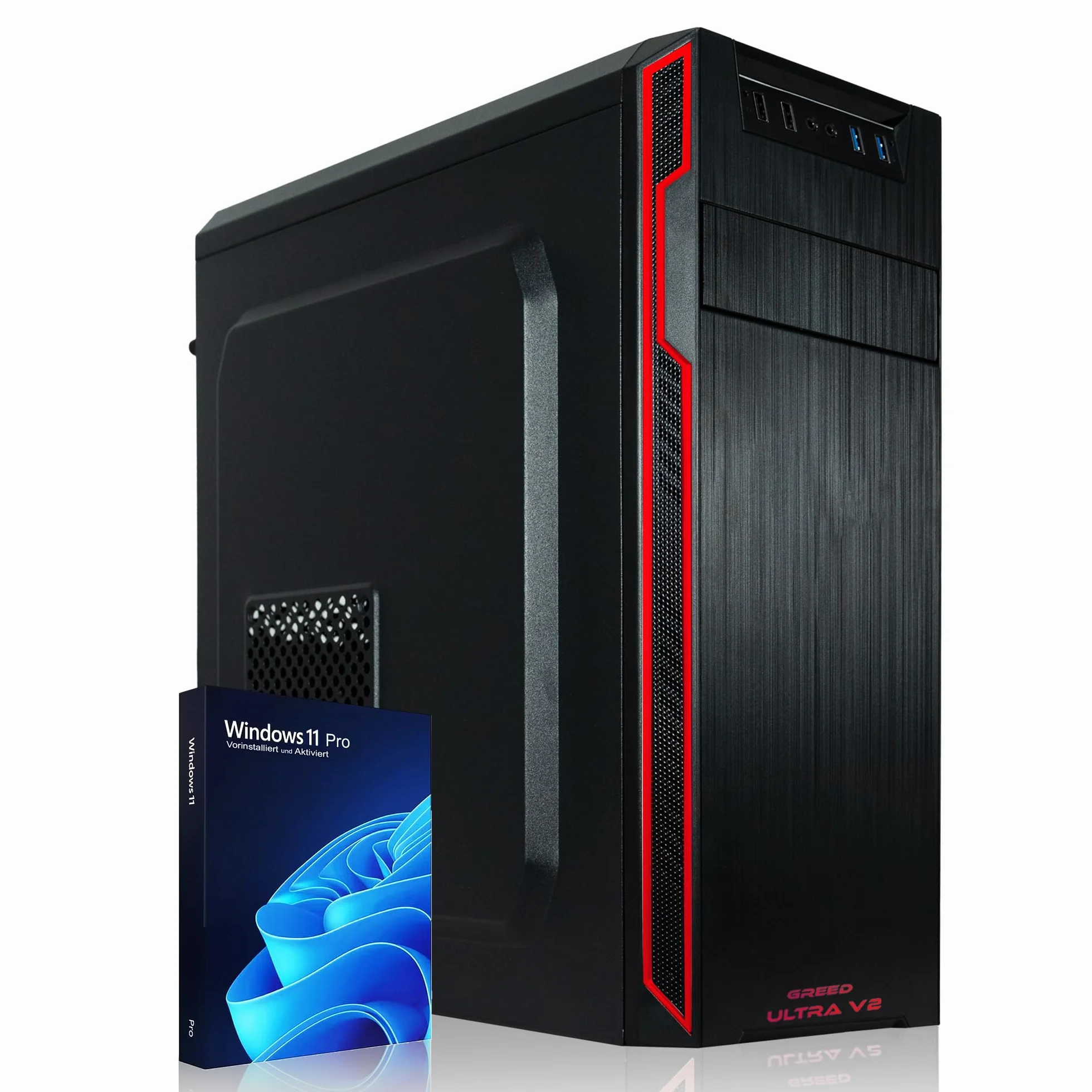 GREED® Ultra V2 PC fisso AMD Ryzen 7 5700G 8 Core - Desktop veloce computer per ufficio e casa con 4,6 GHz, 16 GB RAM/Memoria - Disco SSD da 1 TB + HDD da 1 TB - DVD+RW - USB3.1 - Wi-Fi, incl. W11 Pro