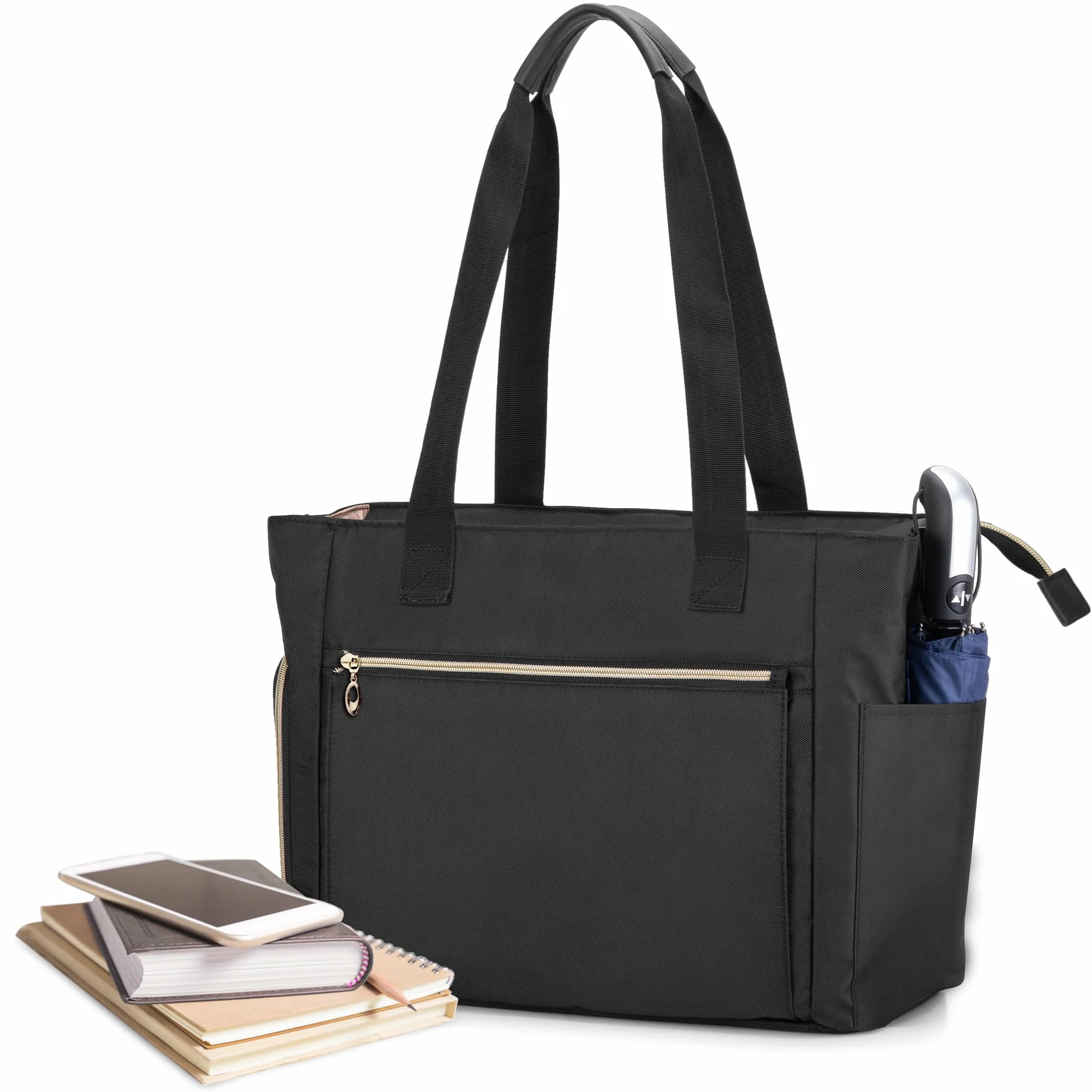CURMIO Tote per Insegnante da Donna, Borsa da Lavoro Portatile con Custodia Imbottita e Scomparti per Laptop, Materiale Scolastico, Solo Borsa, Nero.