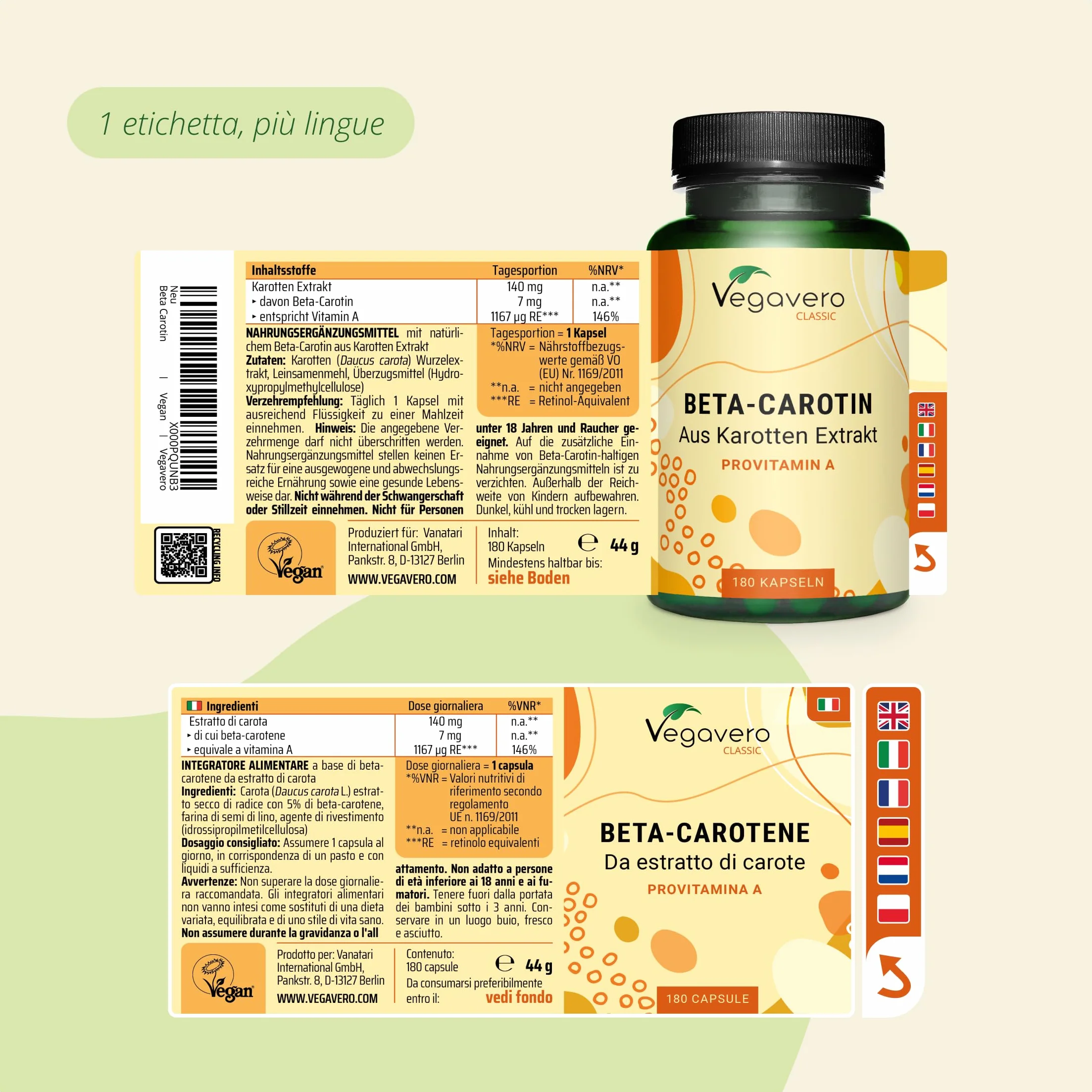 Vegavero® Betacarotene per Abbronzatura Forte Altamente Dosato con Vitamina A 1167 mcg