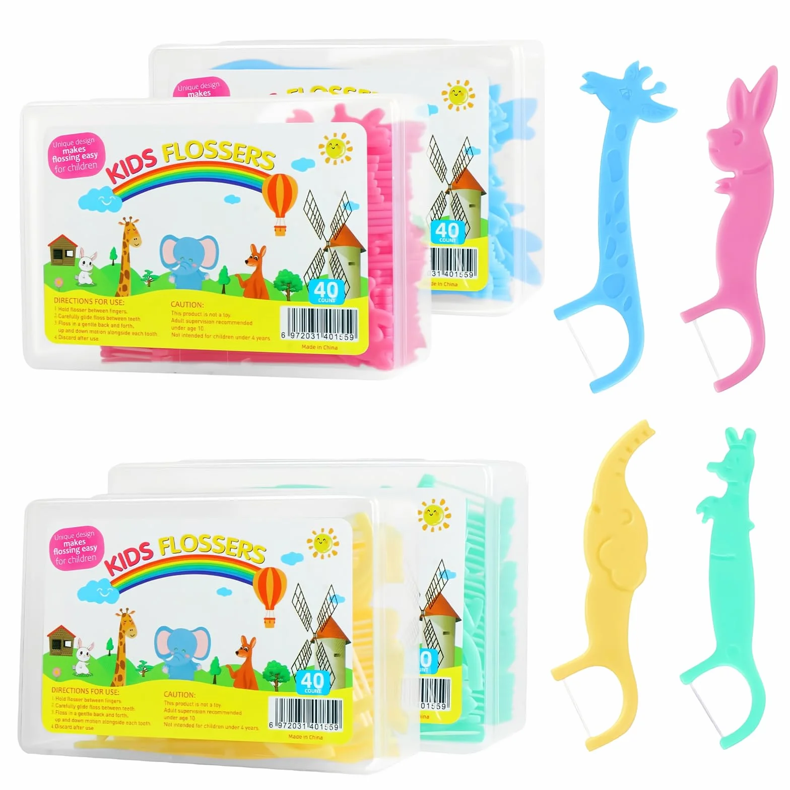 Filo interdentale per bambini 160 pezzi con manico antiscivolo animali colorati