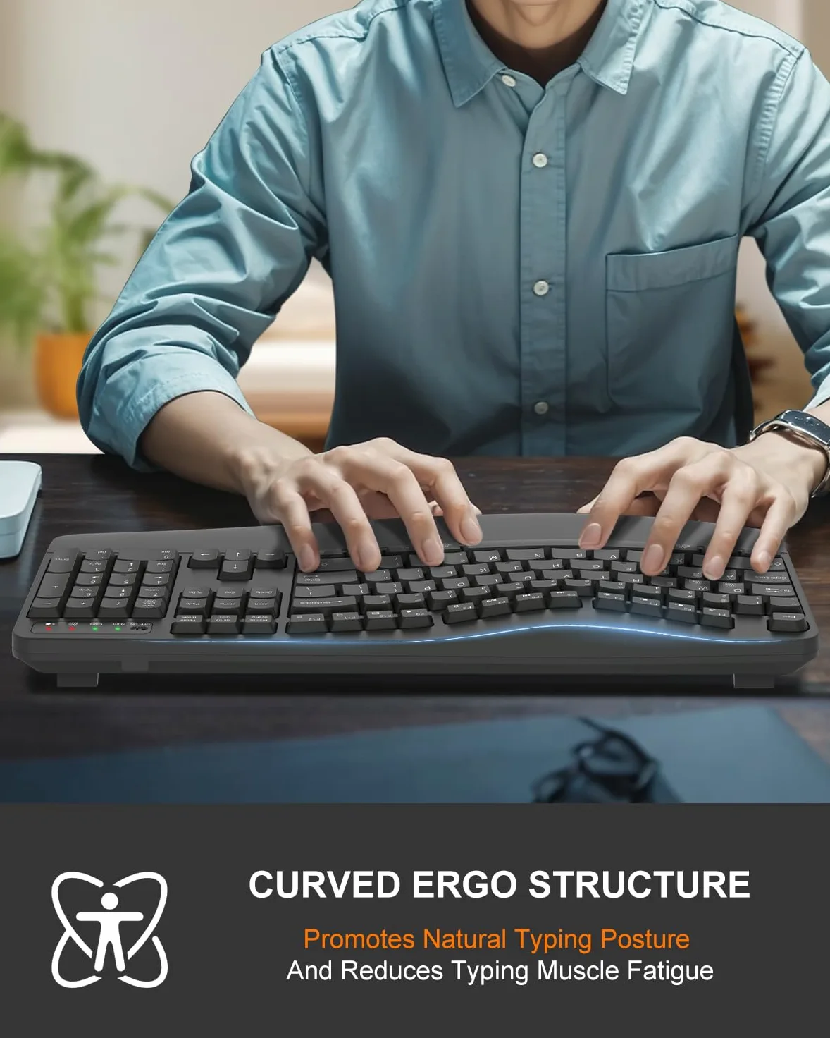 EDJO Tastiera ergonomica senza fili con poggiapolsi, tasti Wave, per mani grandi, 2,4 GHz, tastiera per computer Ergo cordless USB, comoda digitazione naturale, per laptop, Mac, Windows (grigio)