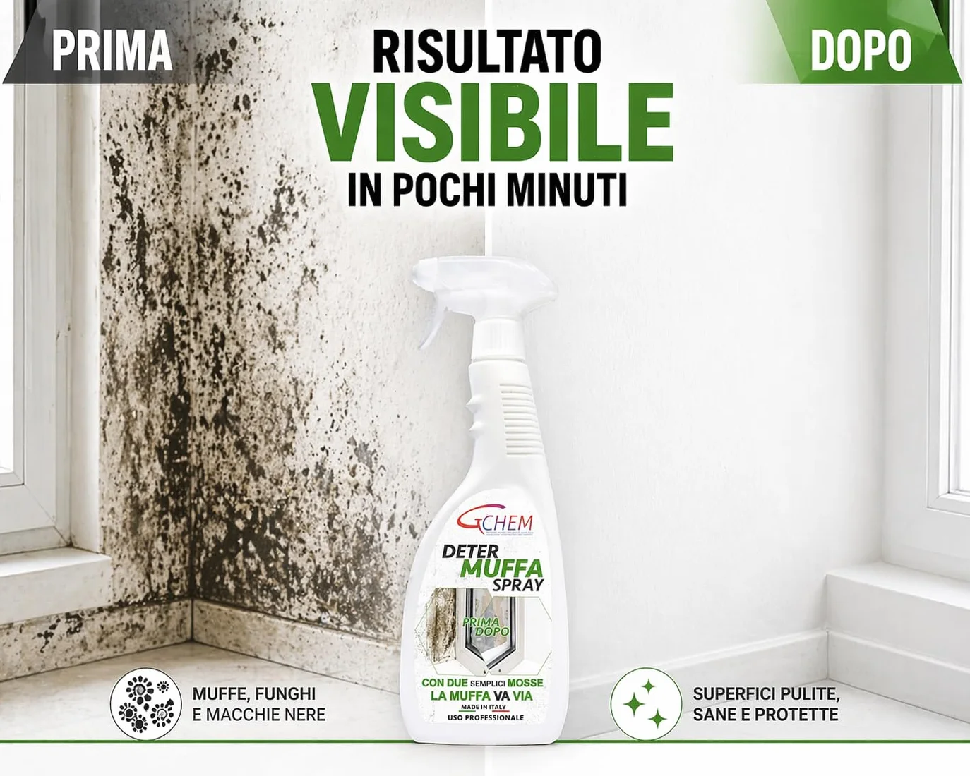 DETERMUFFA Spray Antimuffa 750 ml per Muri Interni ed Esterni, Azione Prolungata