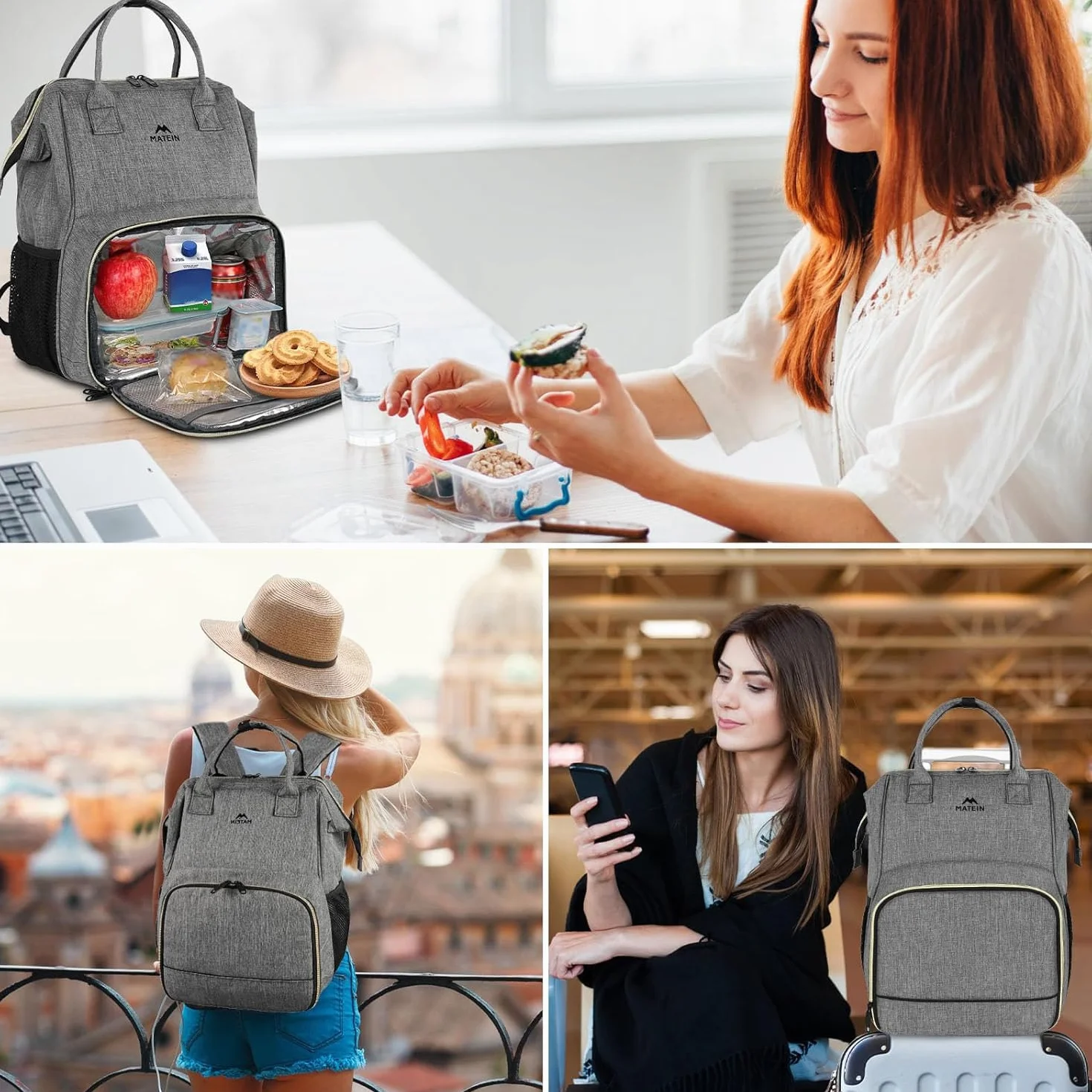 MATEIN Zaino Lavoro Donna con Porta Pranzo, Zaino Porta PC Donna 15,6 Pollici Antifurto e Impermeabile, con Scomparto Termico per Ufficio, Università, Trekking e Picnic, Grigio