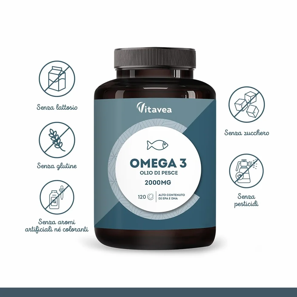 Omega 3 Olio di Pesce 2000 mg EPA 500 mg DHA 120 Capsule Softgel Integratore Acidi Grassi Essenziali