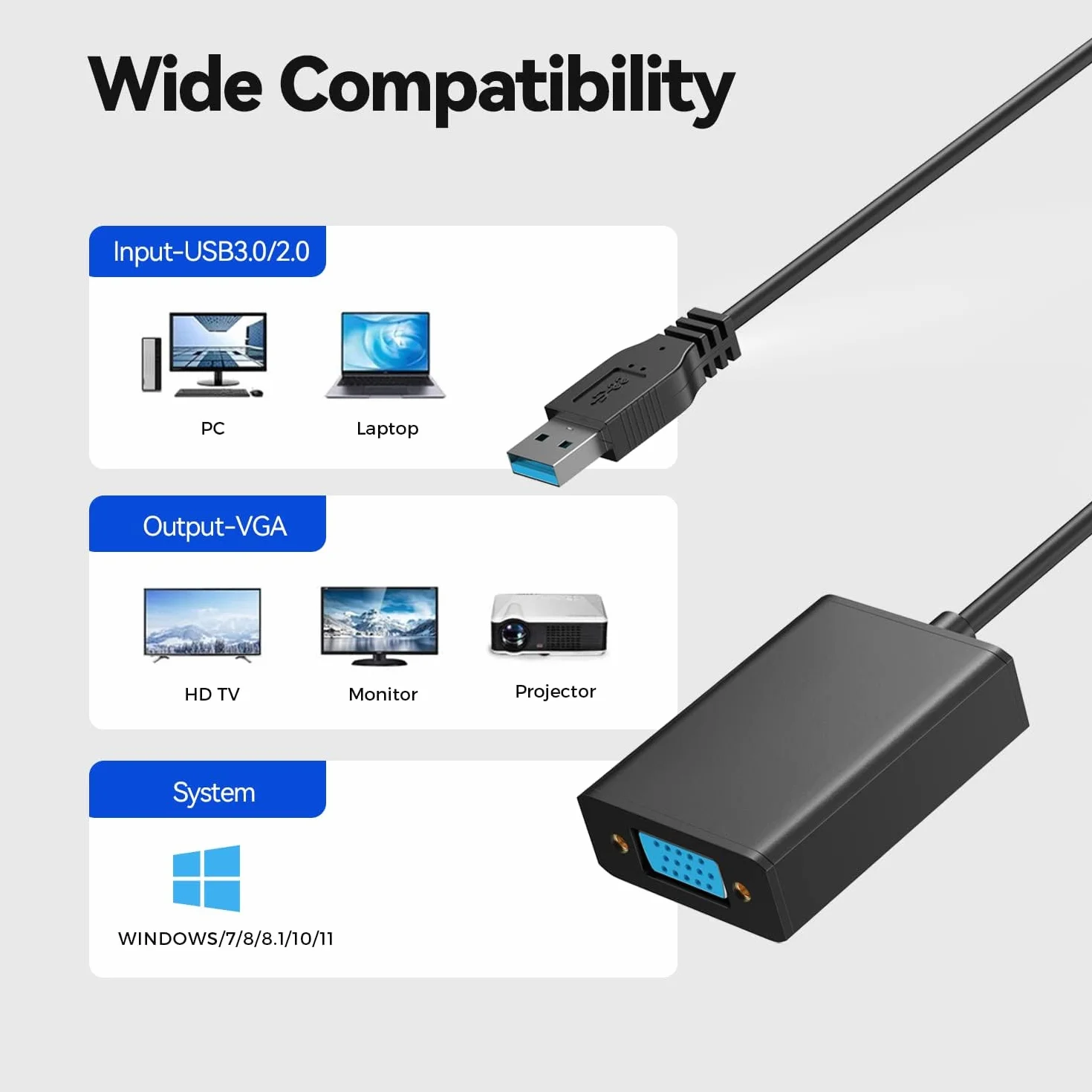 Generico USB a VGA Adaptador, USB 3.0/2.0 a VGA 1080P Conversor (Macho a Hembra)，Convertidor de Cable Externo de Pantalla Múltiple para Win 10/8.1/8/7/XP