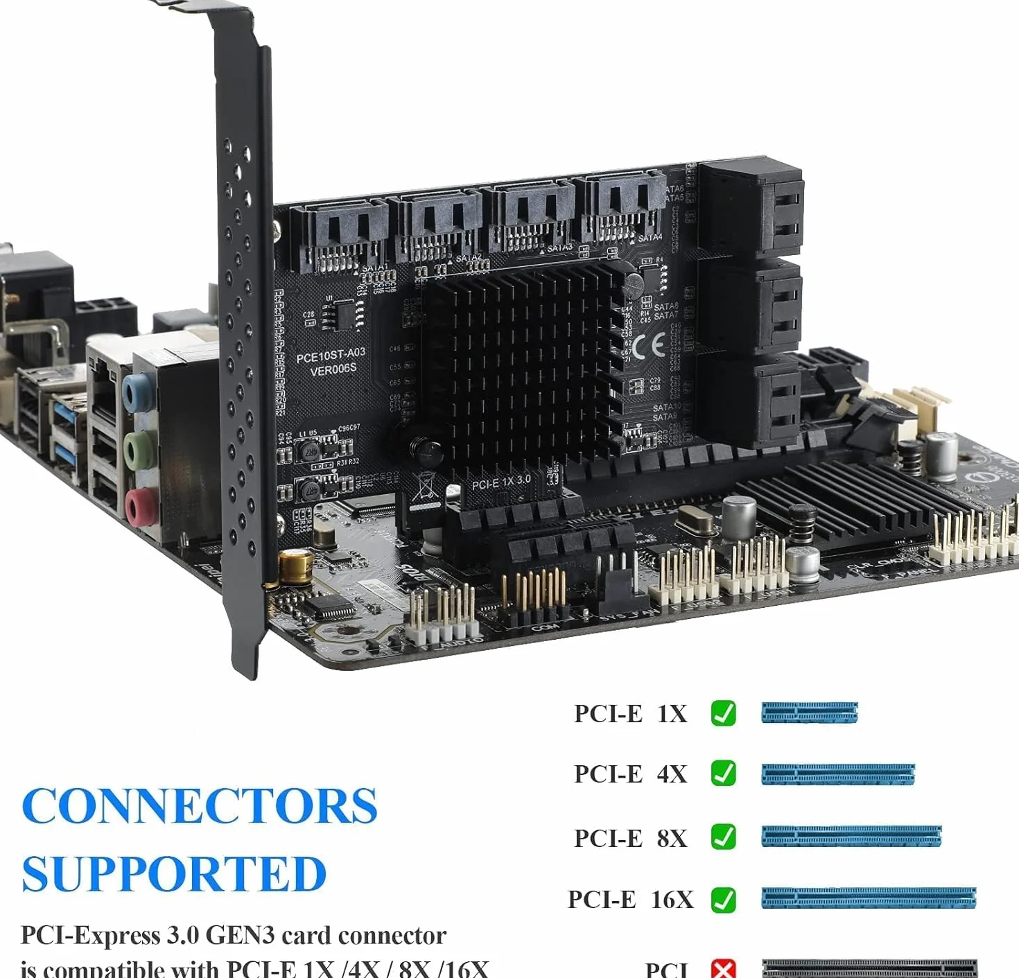 Scheda PCIE 1X SATA a 10 porte,Scheda di espansione PCIe con controller SATA 3.0 da 6 Gbps,Non Raid,Supporto 10 dispositivi 3.0,con supporto a basso profilo e 10 cavi (Chip: ASM1166)