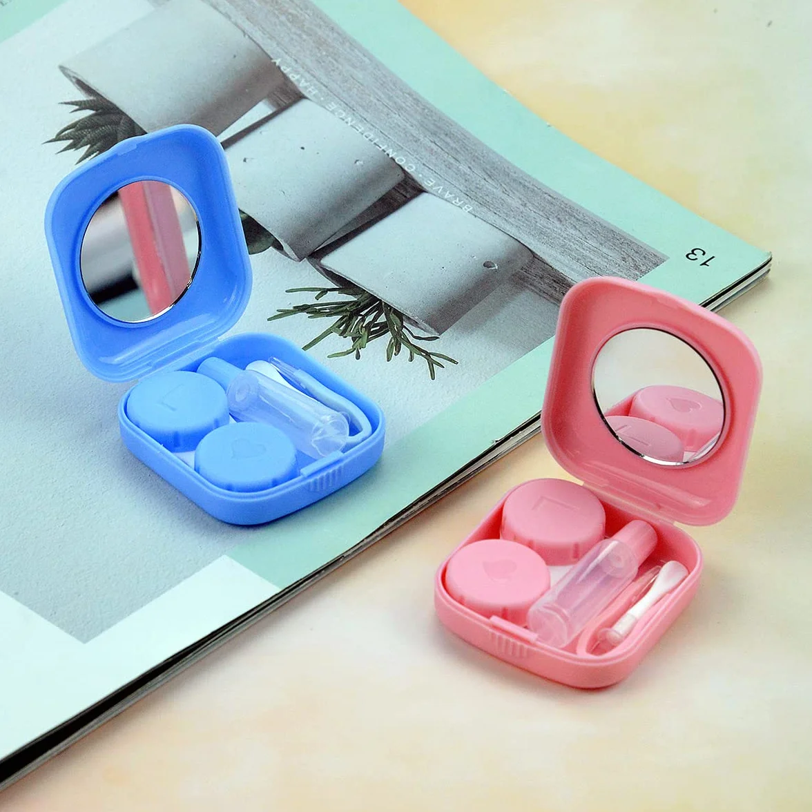 Custodia per Lenti a Contatto con Specchio, Porta Lenti da Viaggio Igienica Portatile Rosa