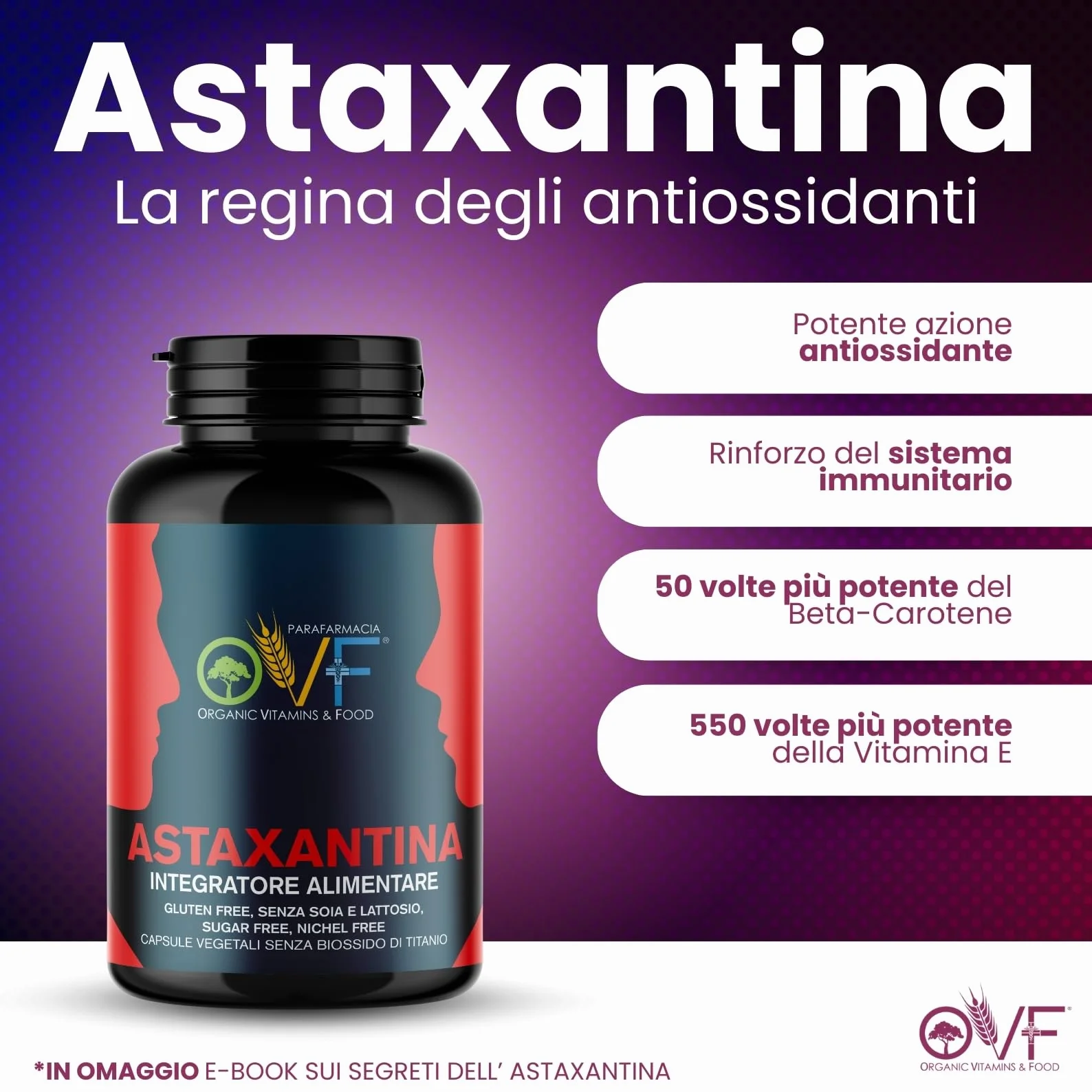 OVF Astaxantina Naturale 8mg per Capsula 90 capsule Antiossidante Haematococcus Pluvialis