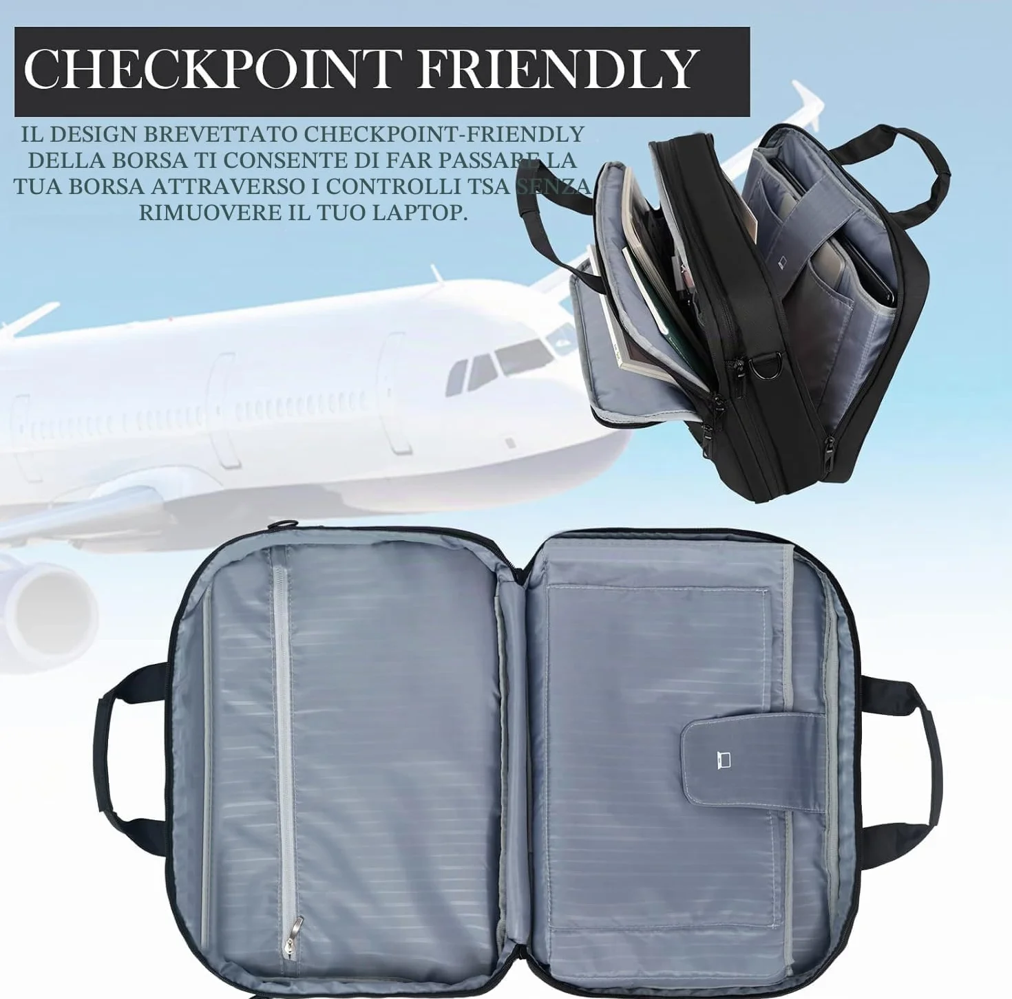 EMPSIGN Borsa porta PC 17,3 pollici, cartella da viaggio espandibile con grande capacità per uomo e donna per ufficio e lavoro, custodia per computer idrorepellente con tasche RFID, nera