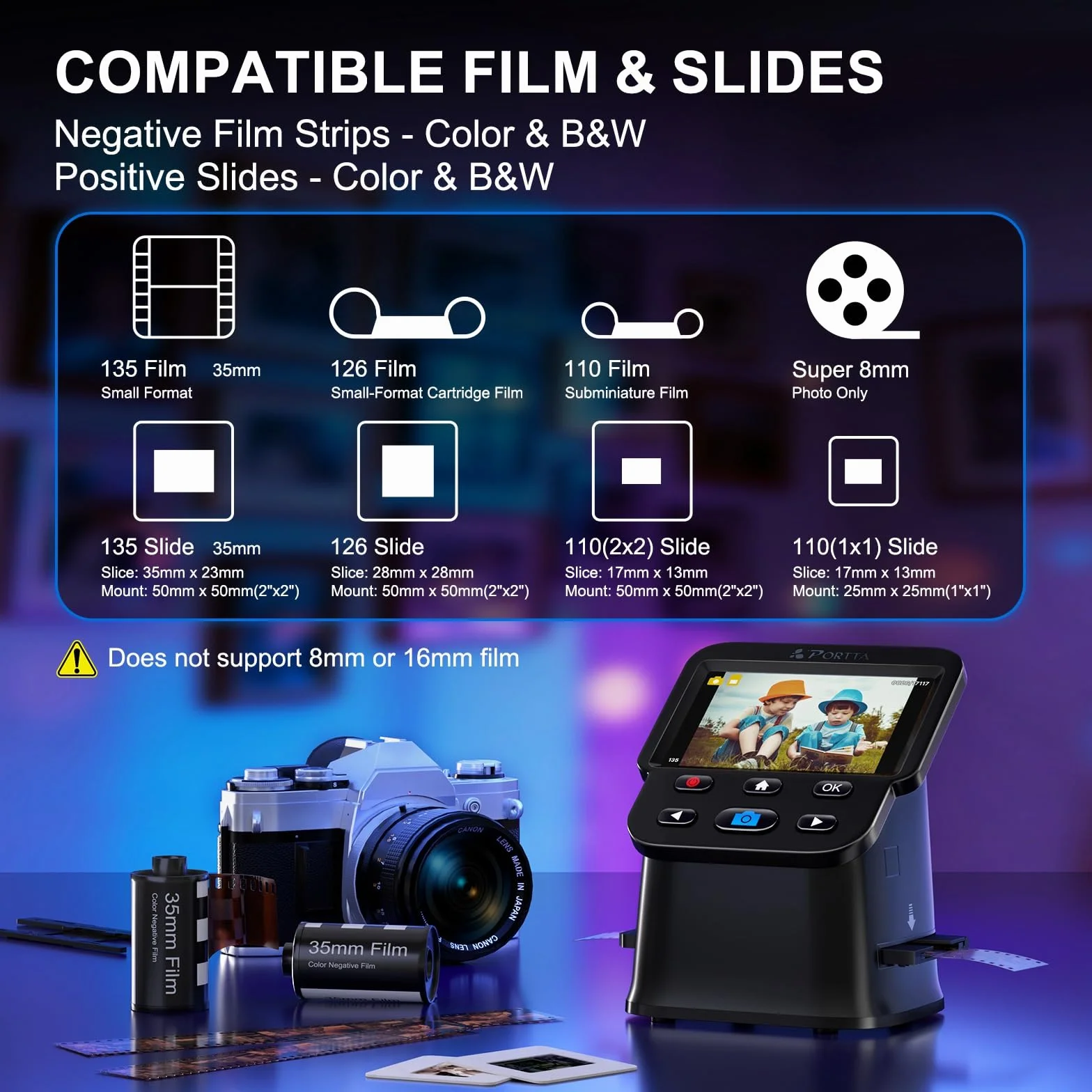 PORTTA Film Scanner 5" LCD Screen 22MP Slide Negative Scanner 135 126 110 Film Digital Converter HDMI SD Card