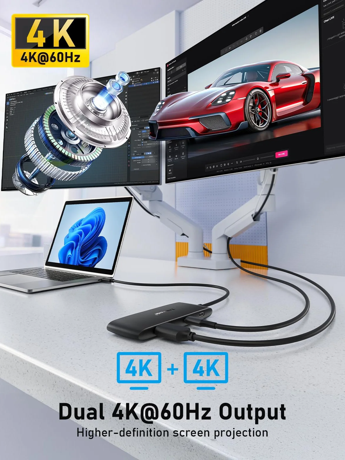 Lemorele Docking Station Dual Monitor, Hub USB C 7-in-1 con HDMI + Adattatore DP USB C 4K@60Hz, 3 Porte USB 3.0/2.0, Ricarica Rapida PD 100W, Plug and Play per Laptop Dell/HP/Surface/MacBook