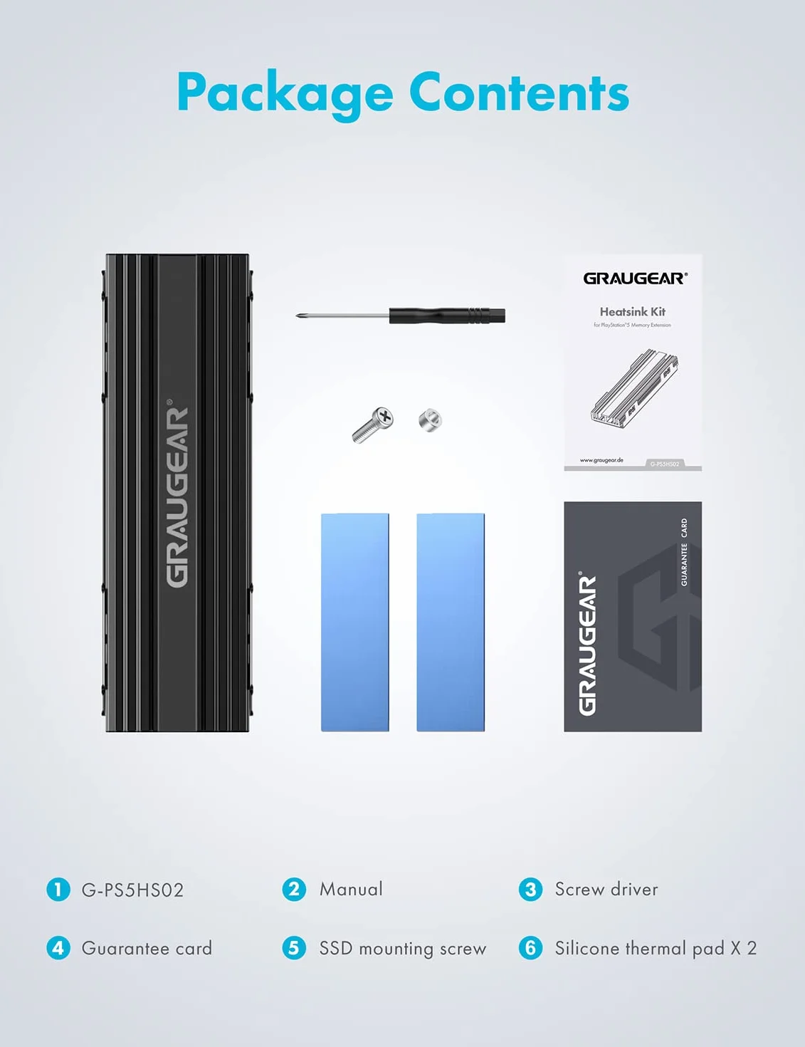 GRAUGEAR Dissipatore di calore per SSD M.2 NVMe (2280), passivo, kit di raffreddamento M.2, adatto per PlayStation®5 e PS5 Slim, 2 cuscinetti termici in silicone, alluminio