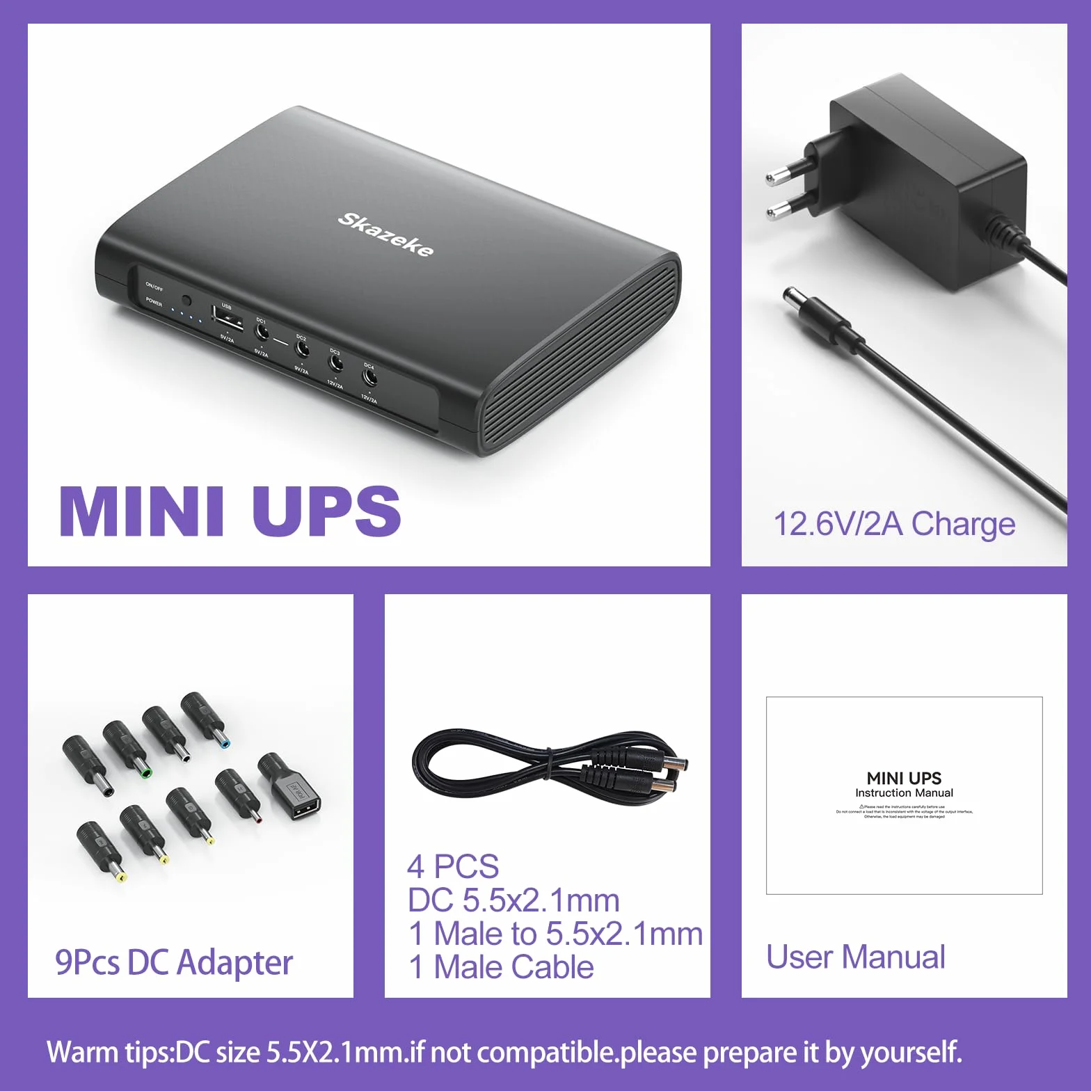 Mini UPS, Skazeke Gruppo di continuità da 27000mAh con uscita DC USB 5V/2A DC 5V/9V/12V/2A, batteria di backup dell'alimentazione per router, modem, videocamera di sicurezza